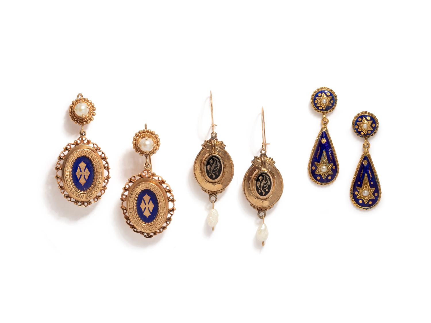 ANTIQUE, COLLECTION OF YELLOW GOLD AND ENAMEL EARRINGS