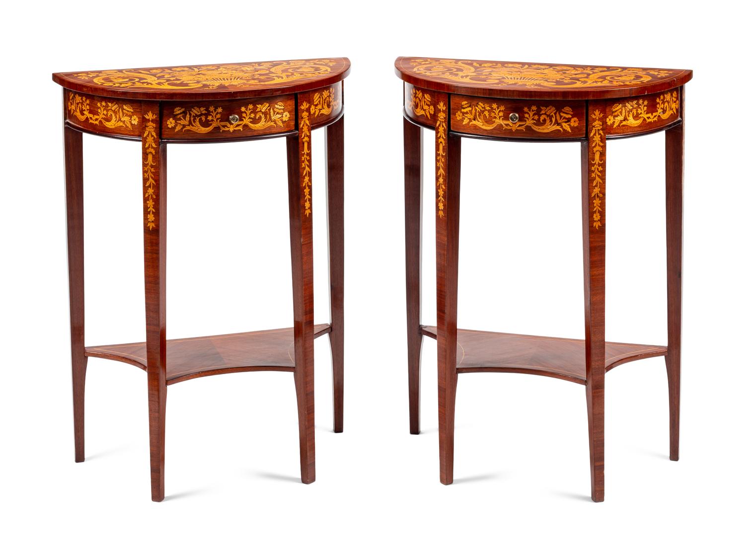 A Pair of Dutch Marquetry Demilune Side Tables