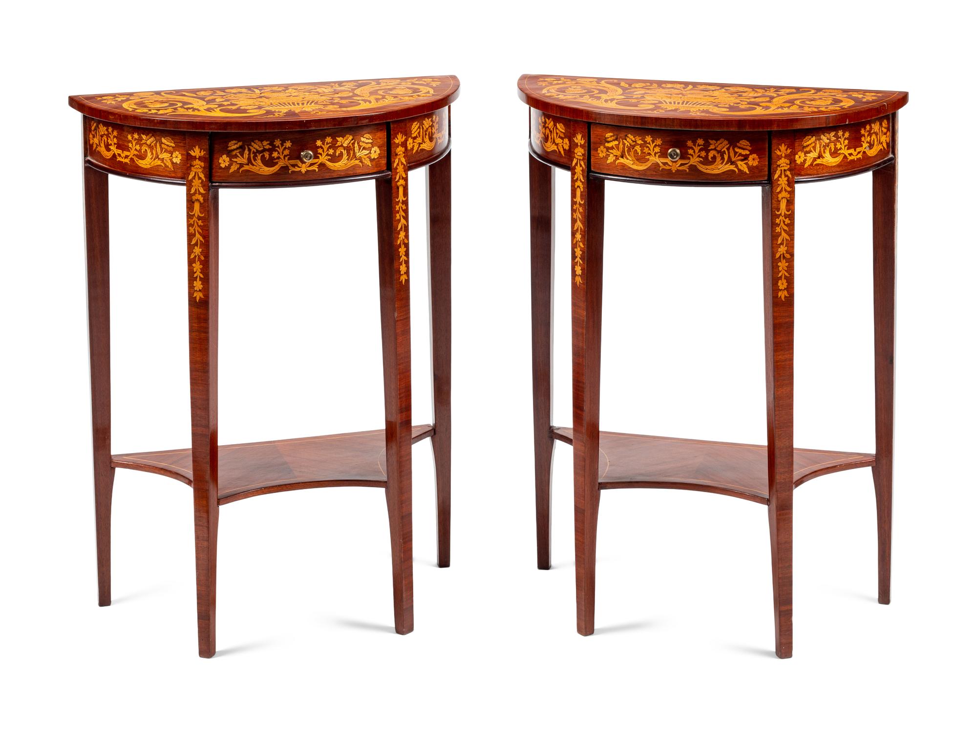 A Pair of Dutch Marquetry Demilune Side Tables