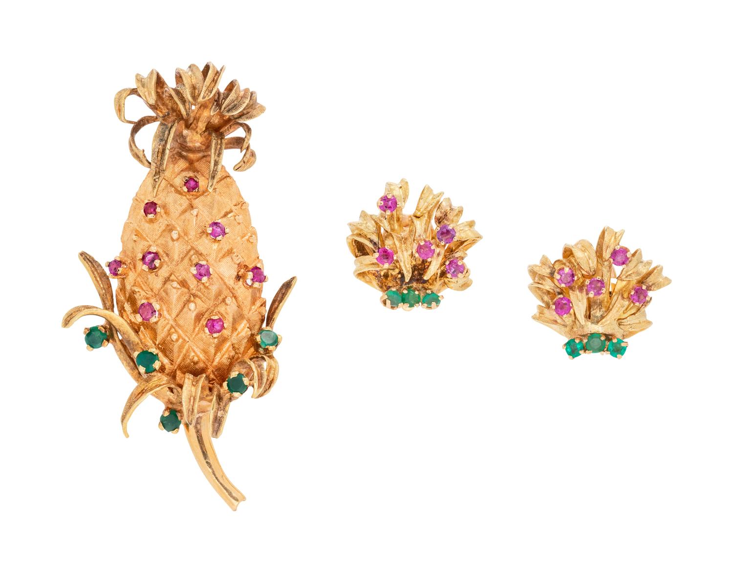 A 14 Karat Yellow Gold, Ruby and Emerald Pineapple Motif Demi Parure,