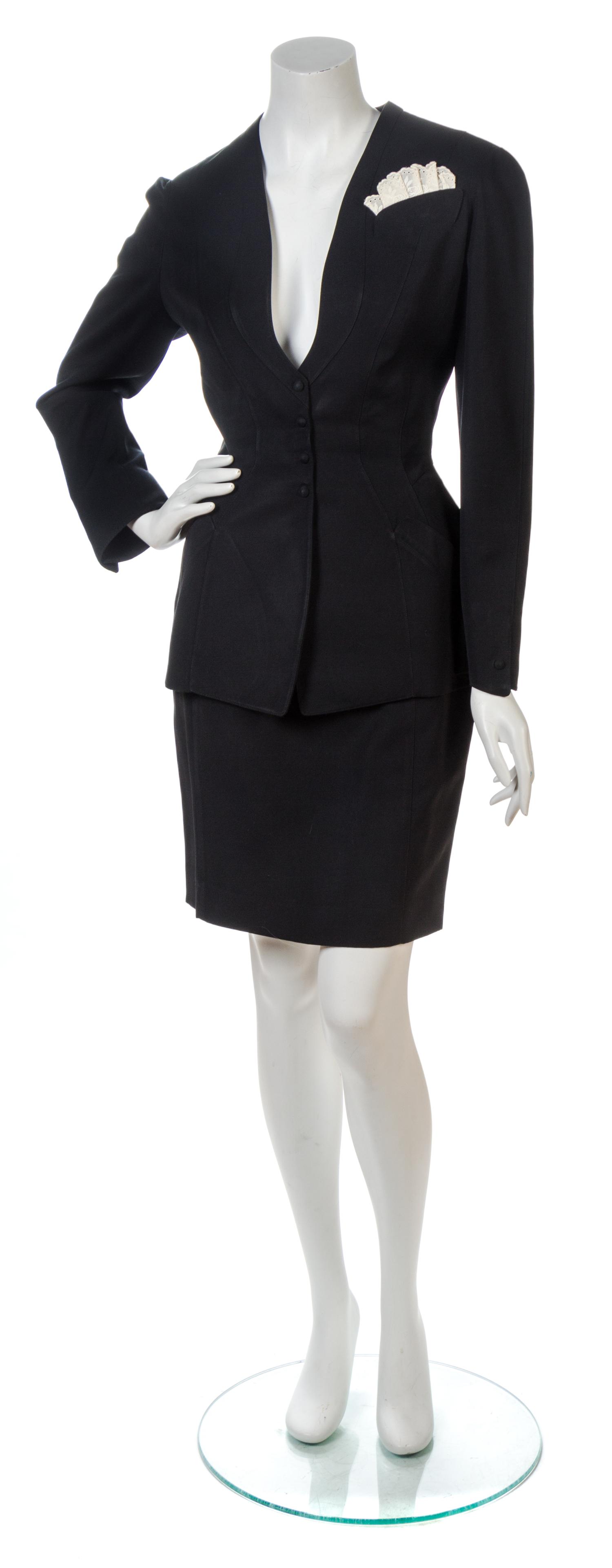 A Thierry Mugler Black Wool Gabardine Skirt Ensemble, Size 40.