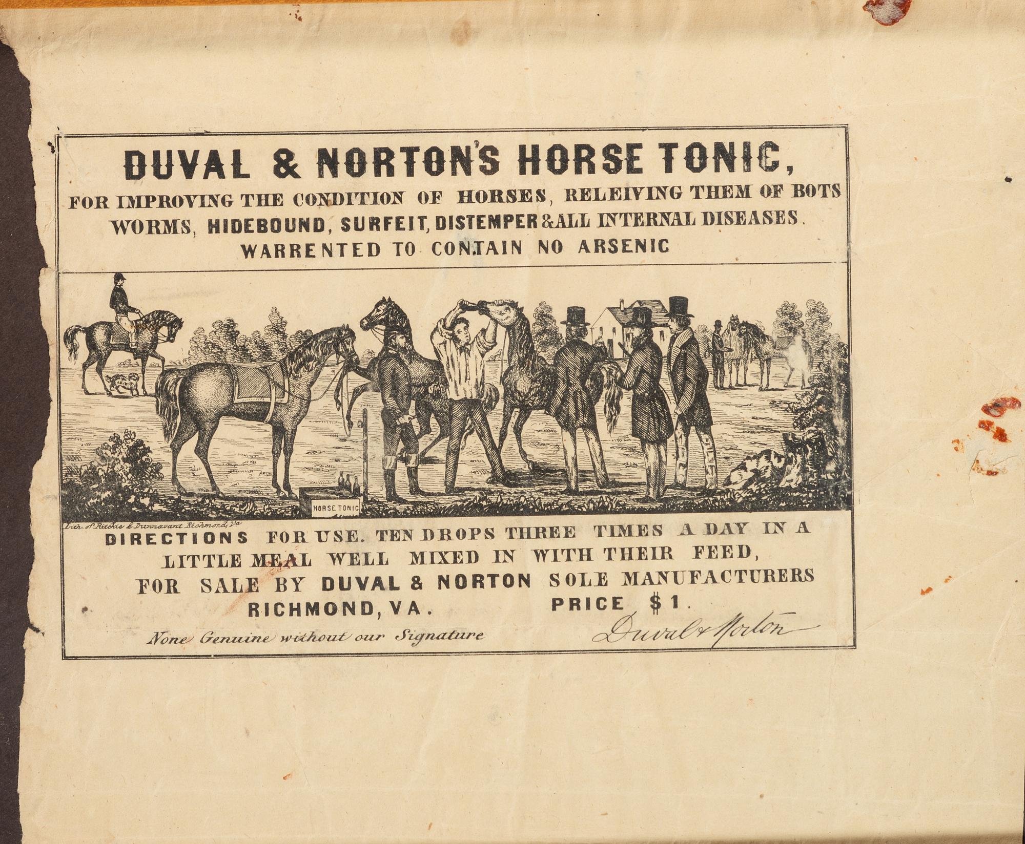 [ADVERTISING]. A group of 3 broadsides promoting oils, linaments, and tonics for humans and animals, comprising: