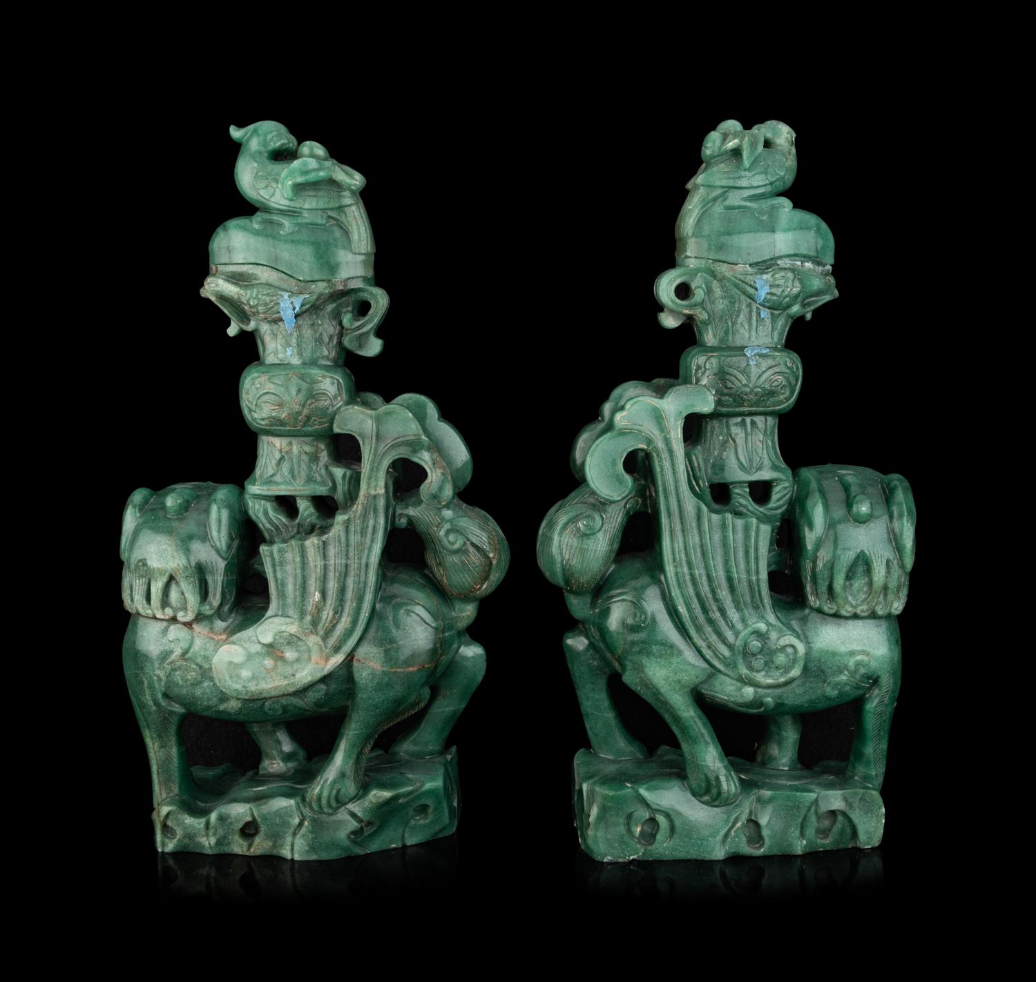 A Pair of Chinese Green Hardstone Mythical Beast-Form Covered Vases