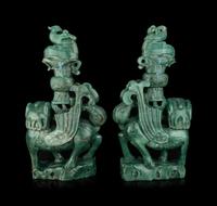 A Pair of Chinese Green Hardstone Mythical Beast-Form Covered Vases