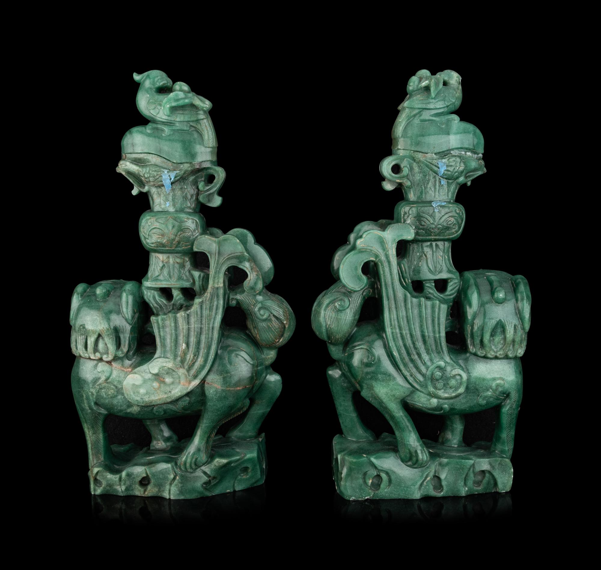 A Pair of Chinese Green Hardstone Mythical Beast-Form Covered Vases