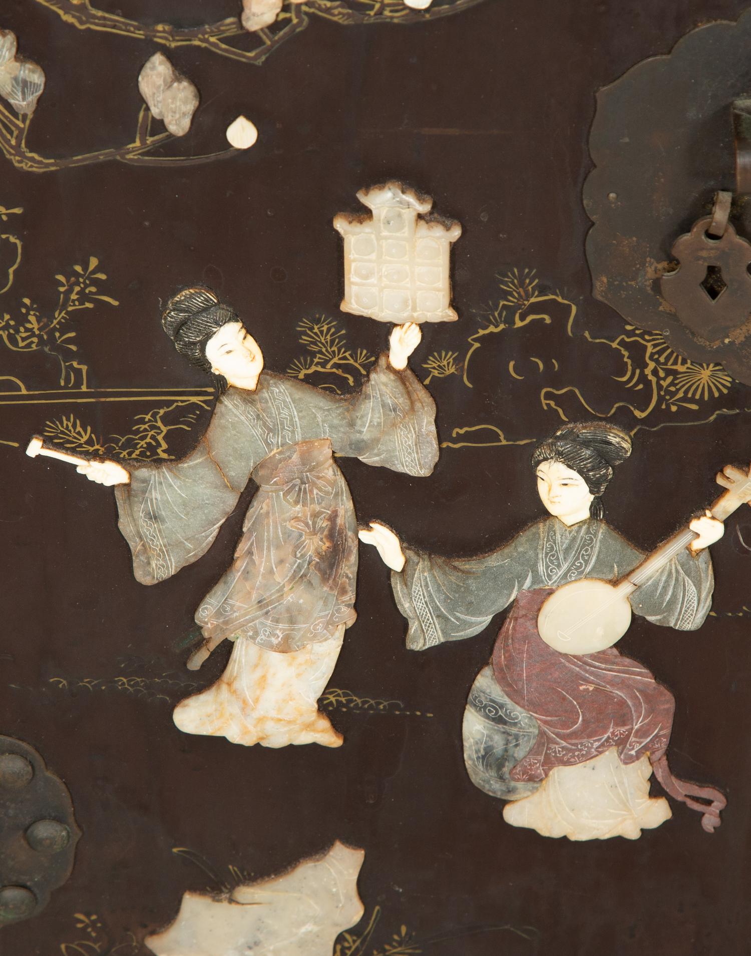 A Pair of Chinese Black Lacquer Side Cabinets with Inlaid Hardstone Decoration