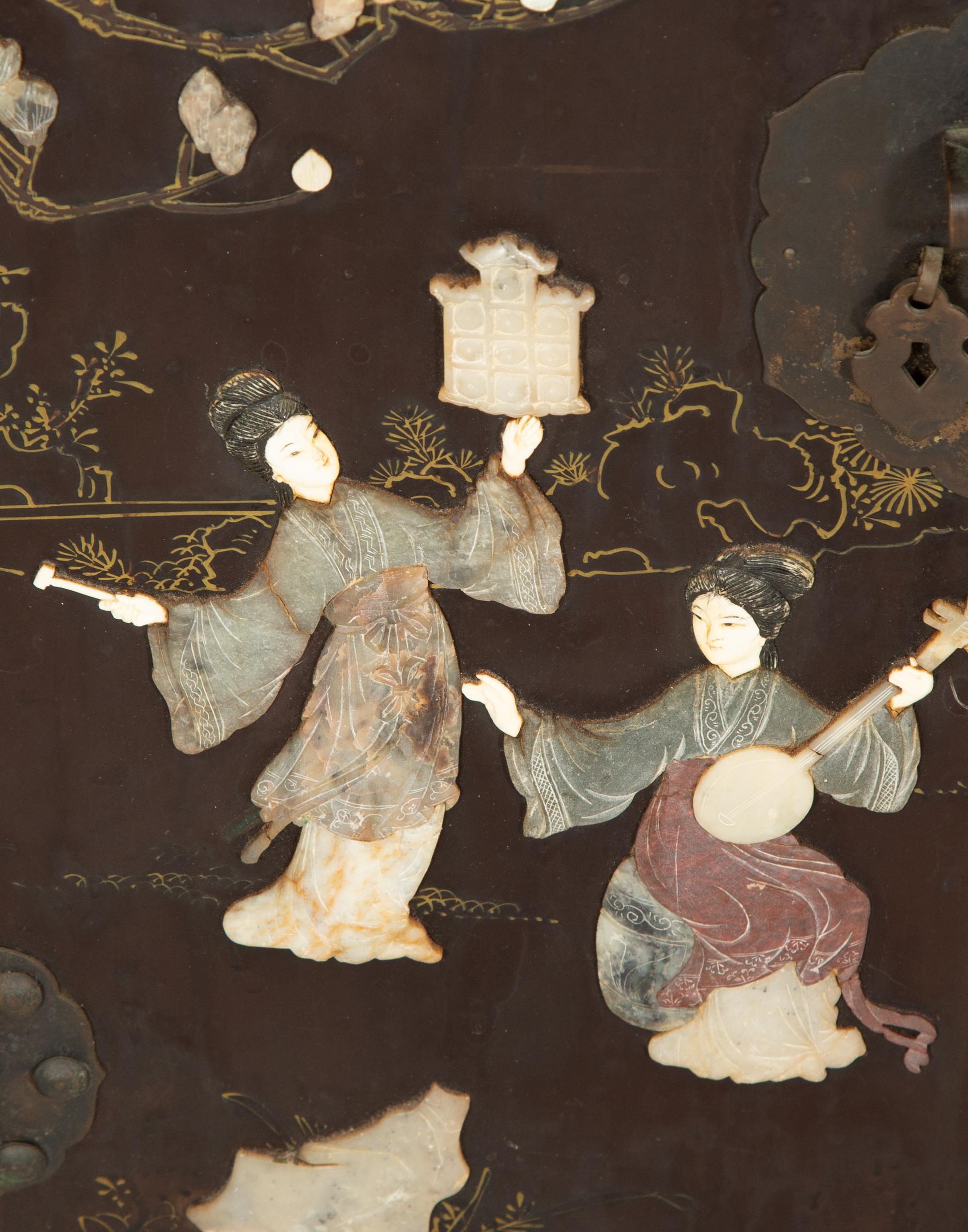 A Pair of Chinese Black Lacquer Side Cabinets with Inlaid Hardstone Decoration