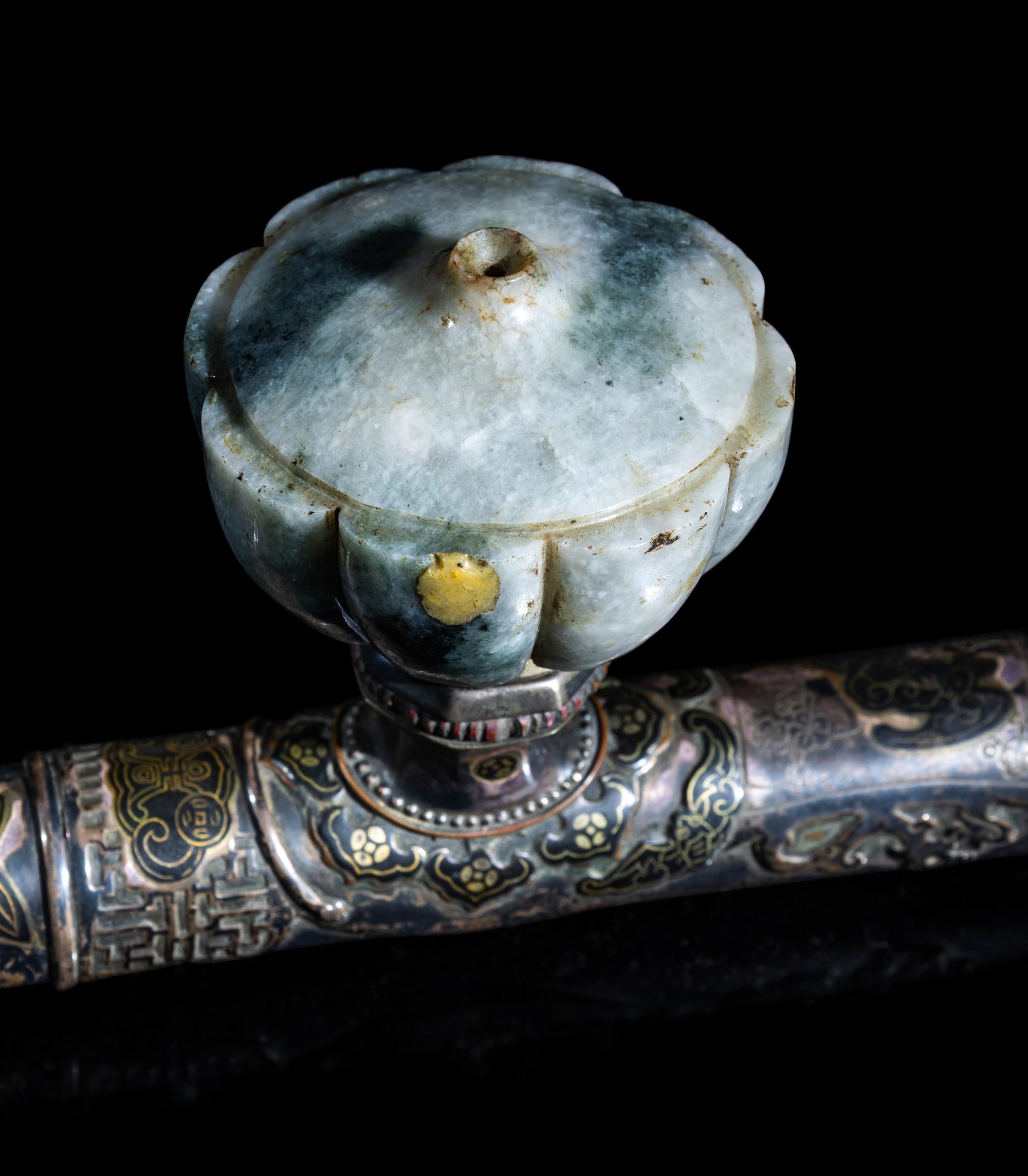 Two Chinese Opium Pipes and One Silver Opium Lamp, Late Qing-Republic Period 晚清-民國 烟槍、煙燈兩套