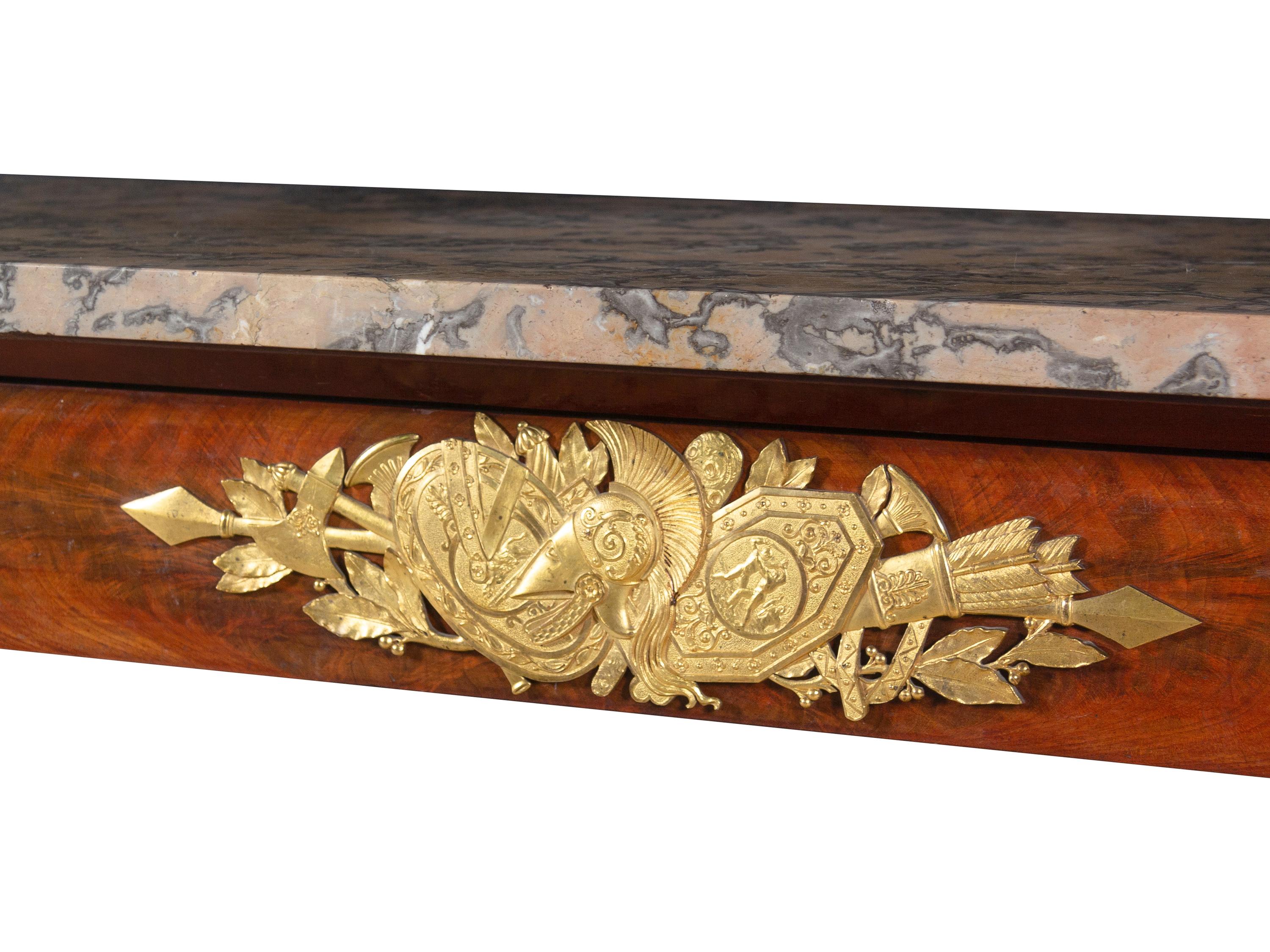 An Empire Style Gilt Metal Mounted Mahogany Marble-Top Pier Table