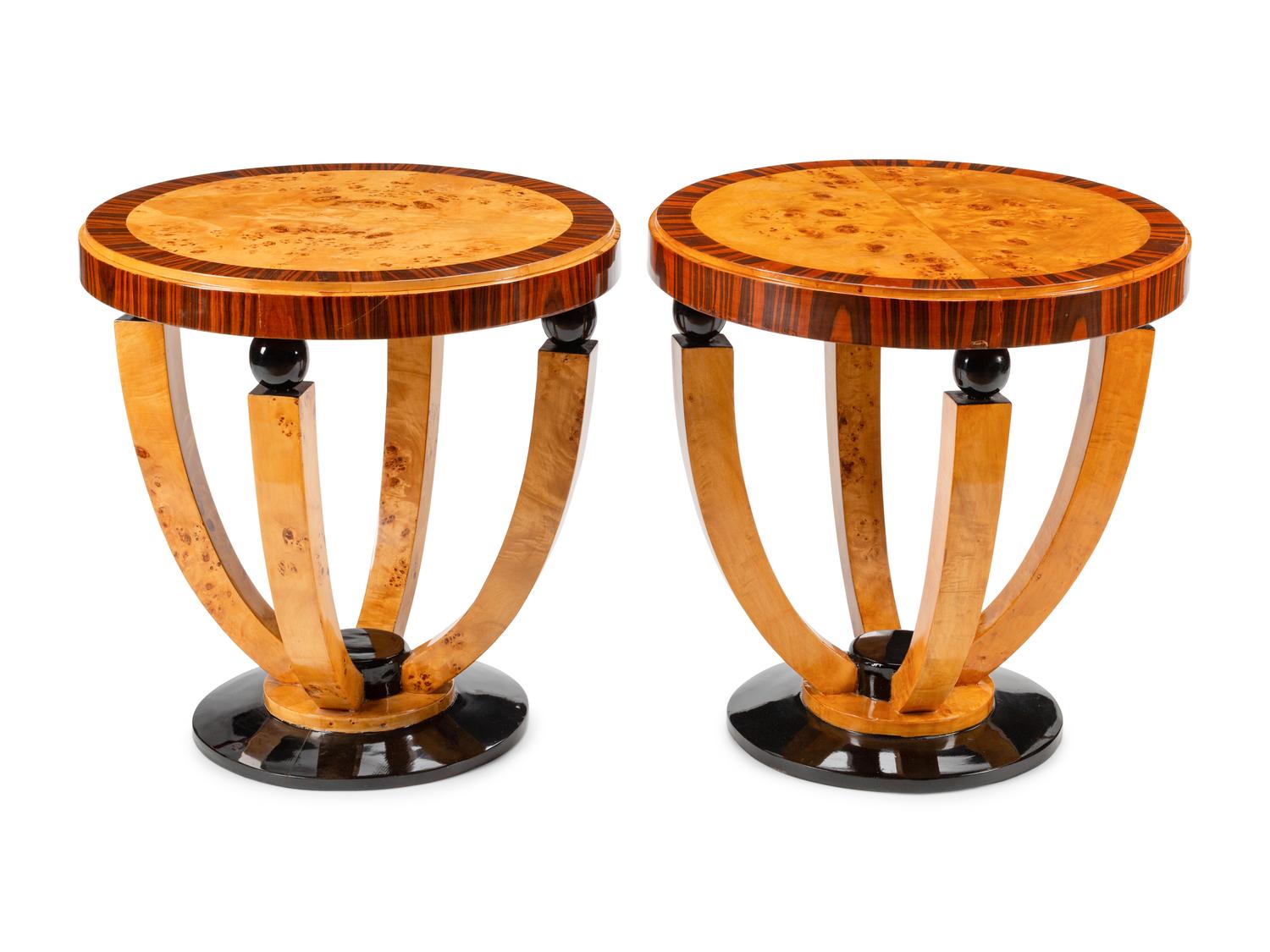 A Pair of Art Deco Style Part Ebonized Burlwood Side Tables