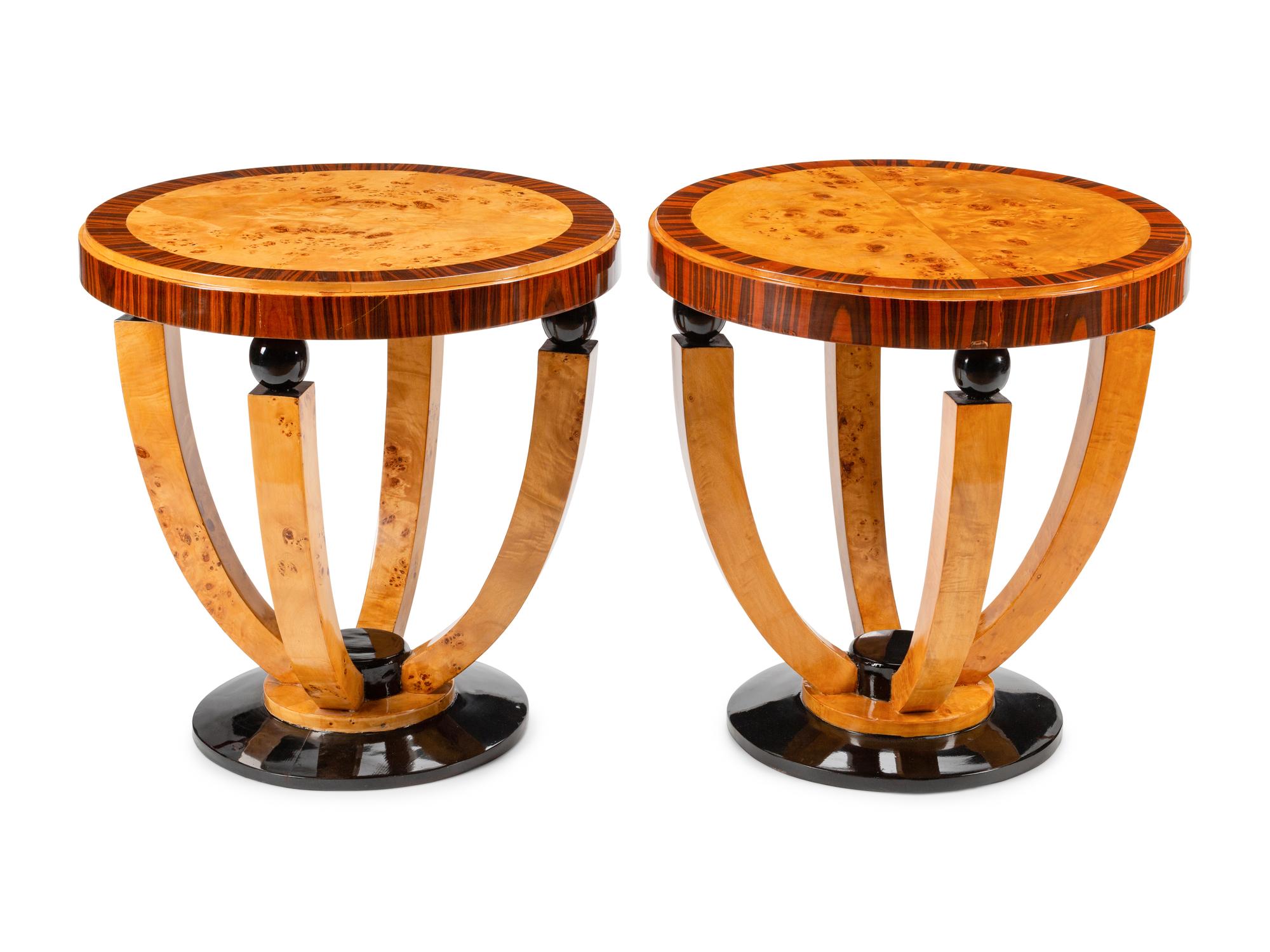 A Pair of Art Deco Style Part Ebonized Burlwood Side Tables