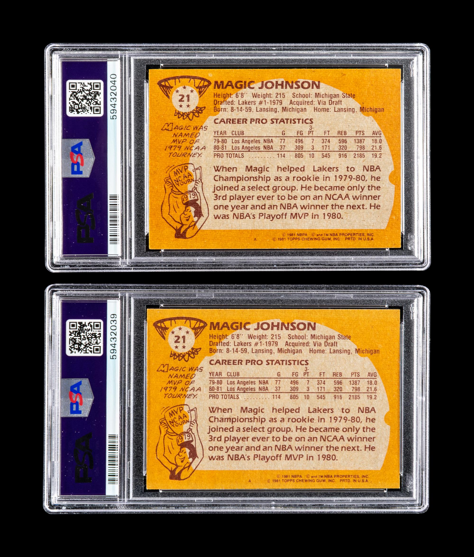 A Group of Two 1981 Topps Magic Johnson Basketball Cards No. 21 (PSA 7 NM)