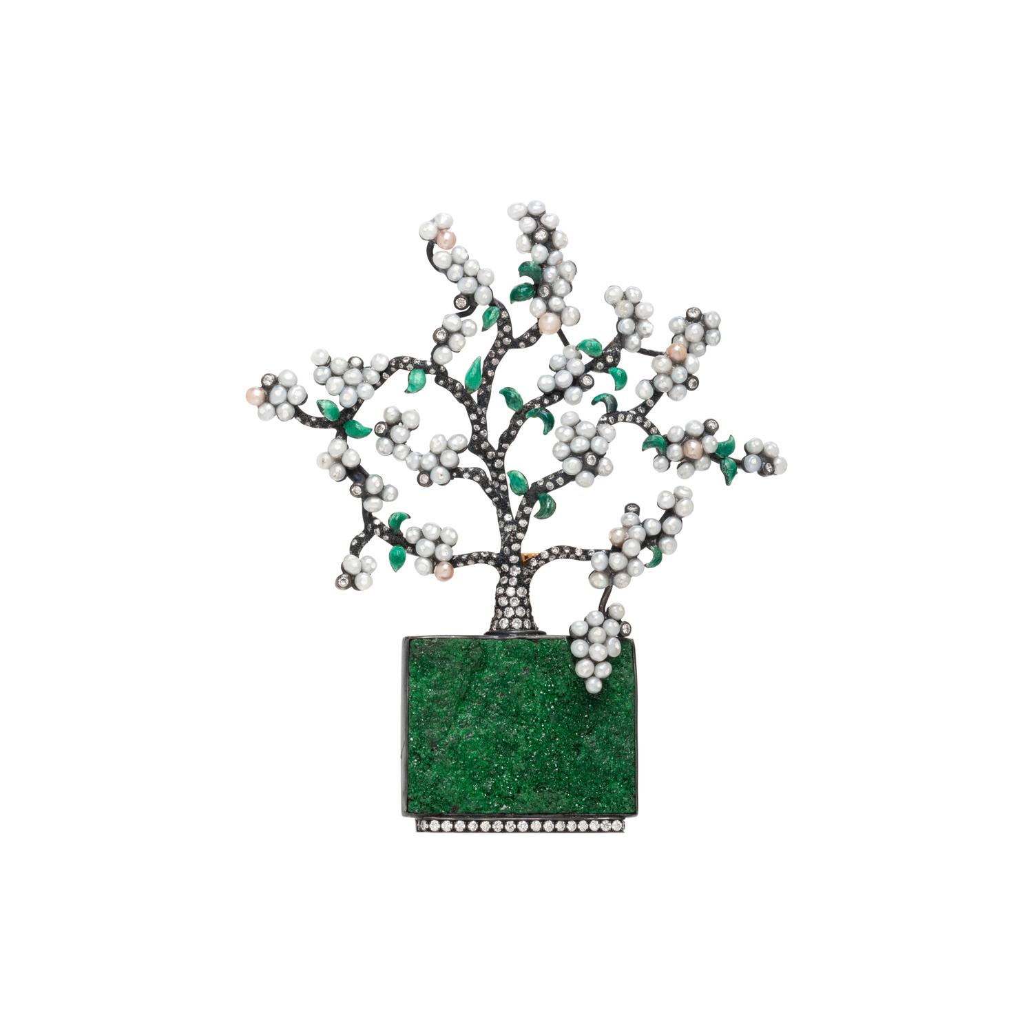 LUZ CAMINO, MIXED METAL, DIAMOND, SEED PEARL AND UVAROVITE GARNET 'ESPALIER APPLE TREE' BROOCH