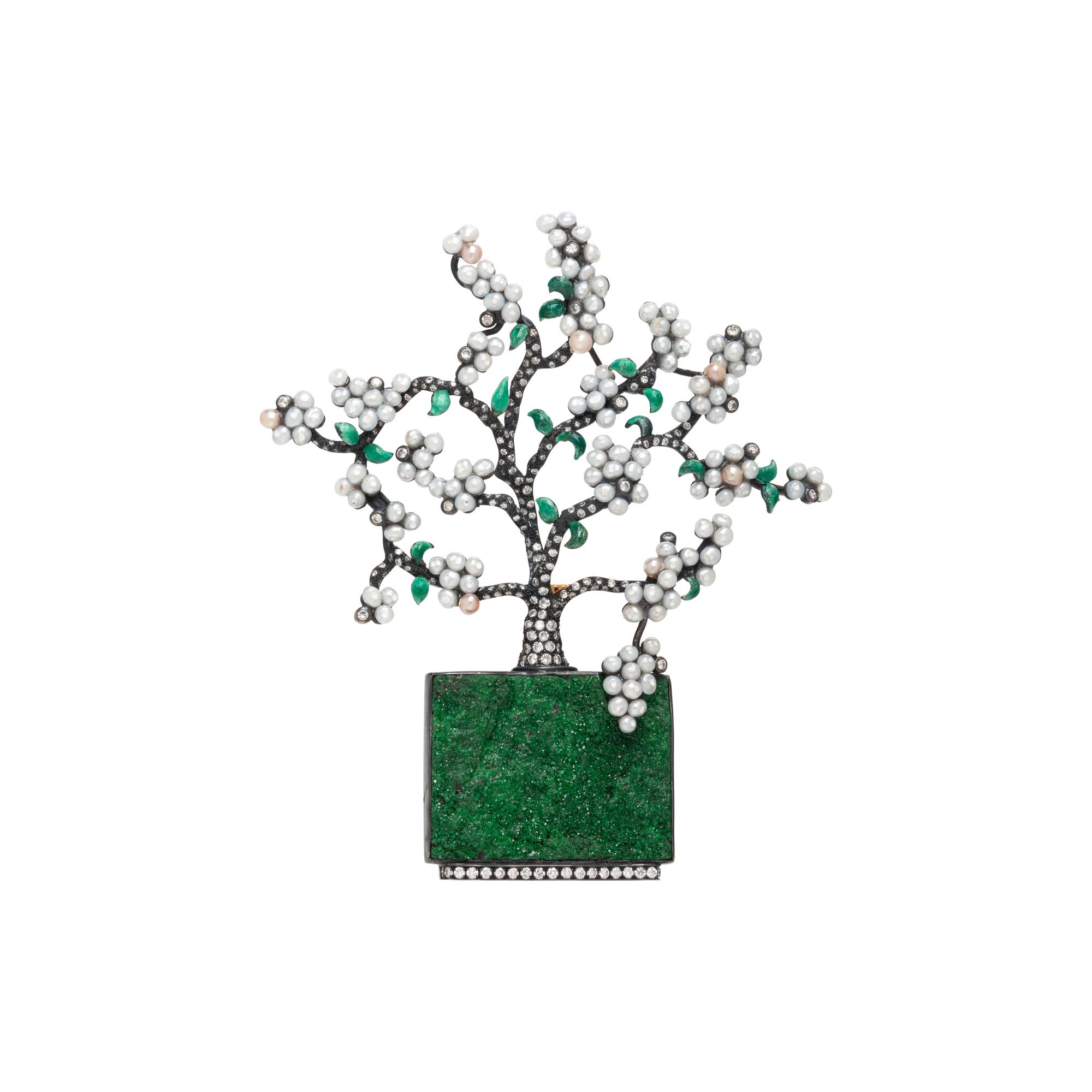 LUZ CAMINO, MIXED METAL, DIAMOND, SEED PEARL AND UVAROVITE GARNET 'ESPALIER APPLE TREE' BROOCH