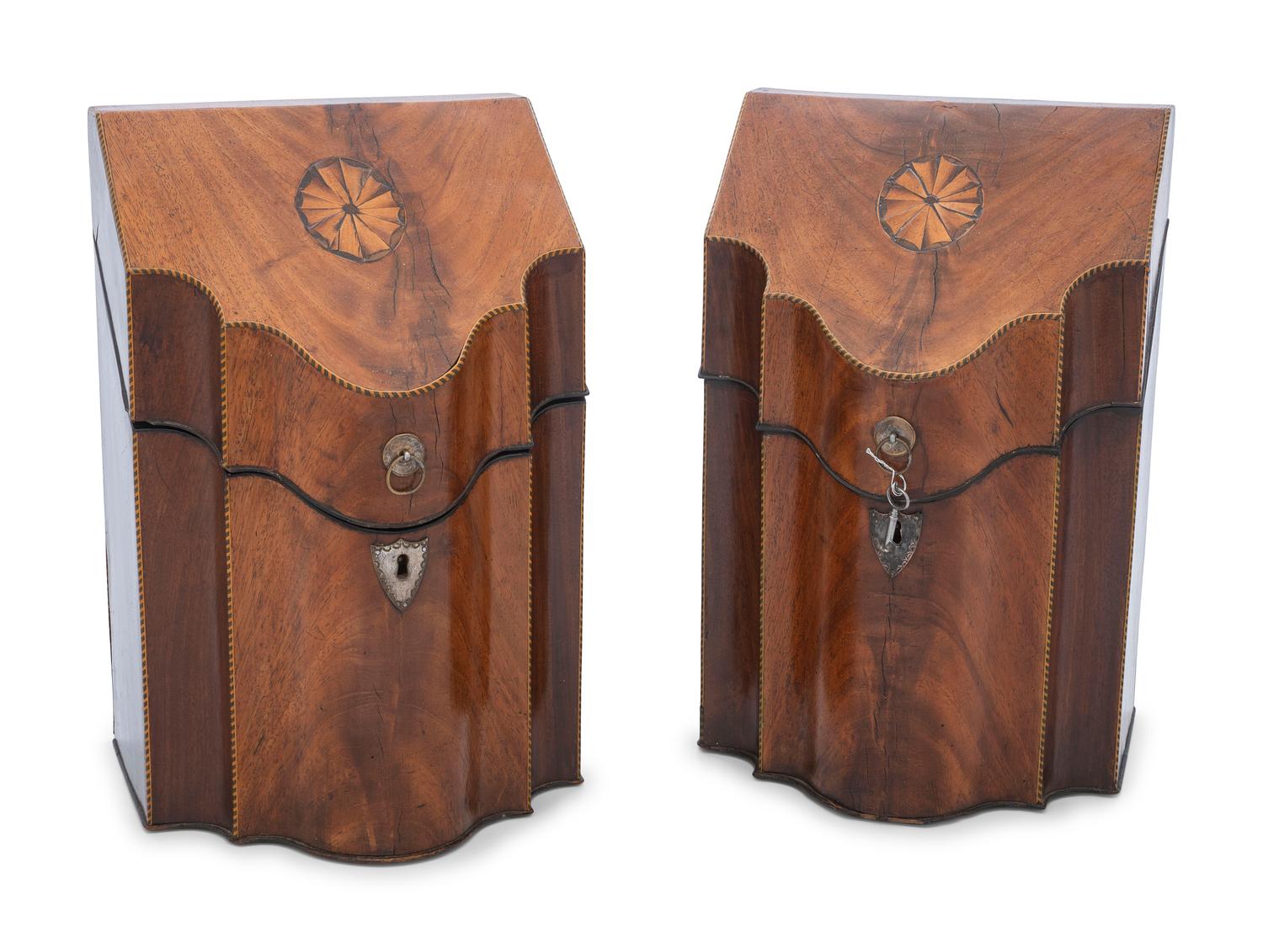 A Pair of George III Mahogany and Marquetry Cutlery Boxes