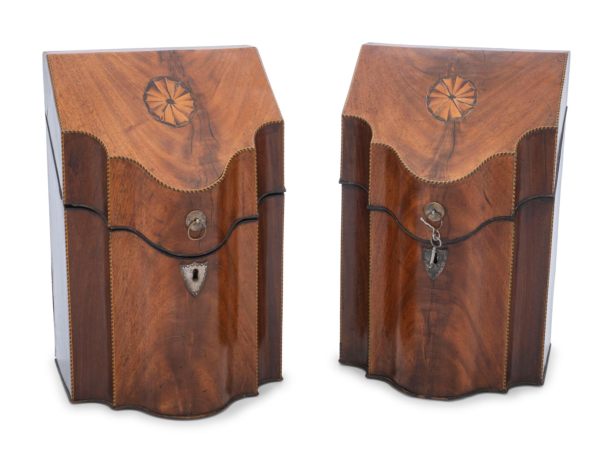 A Pair of George III Mahogany and Marquetry Cutlery Boxes