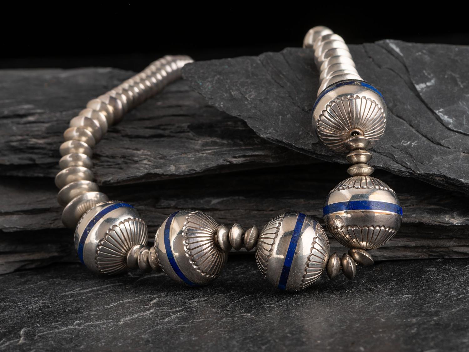 Silver and Lapis Graduated Navajo Pearl Necklace