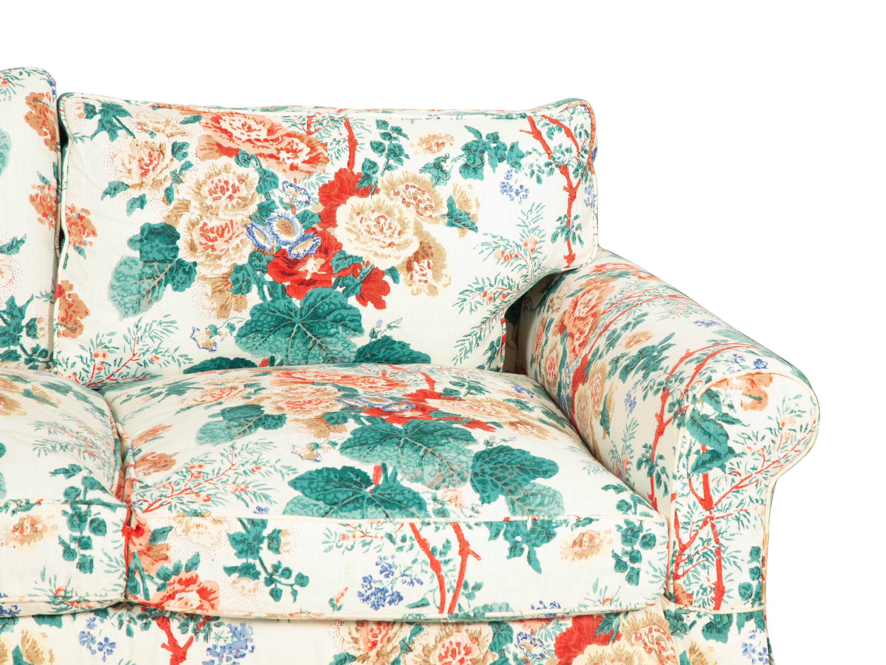 A Printed Cotton-Upholstered Three-Cushion Sofa, Club Chair and Ottoman