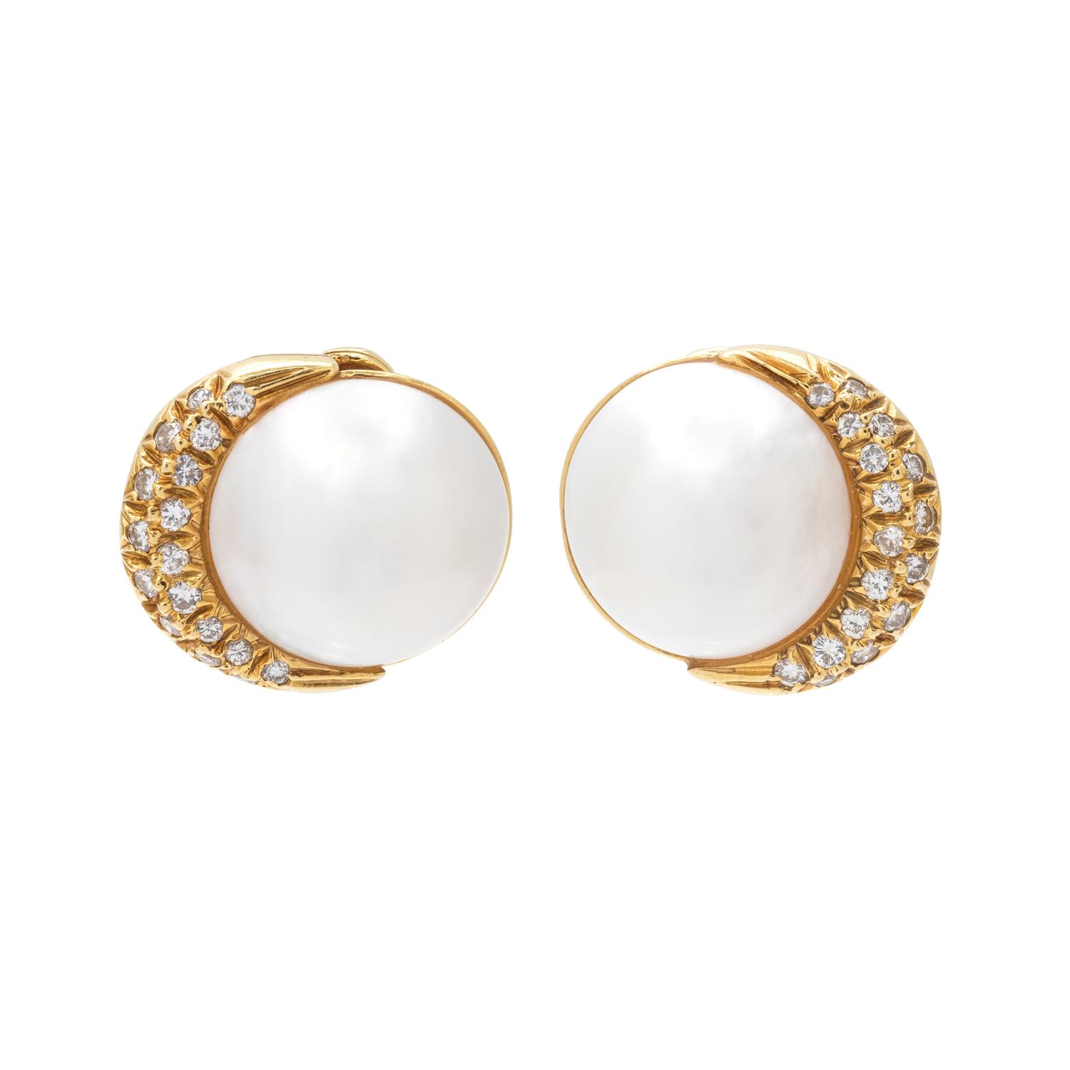 LA TRIOMPHE, CULTURED MABE PEARL AND DIAMOND EARCLIPS