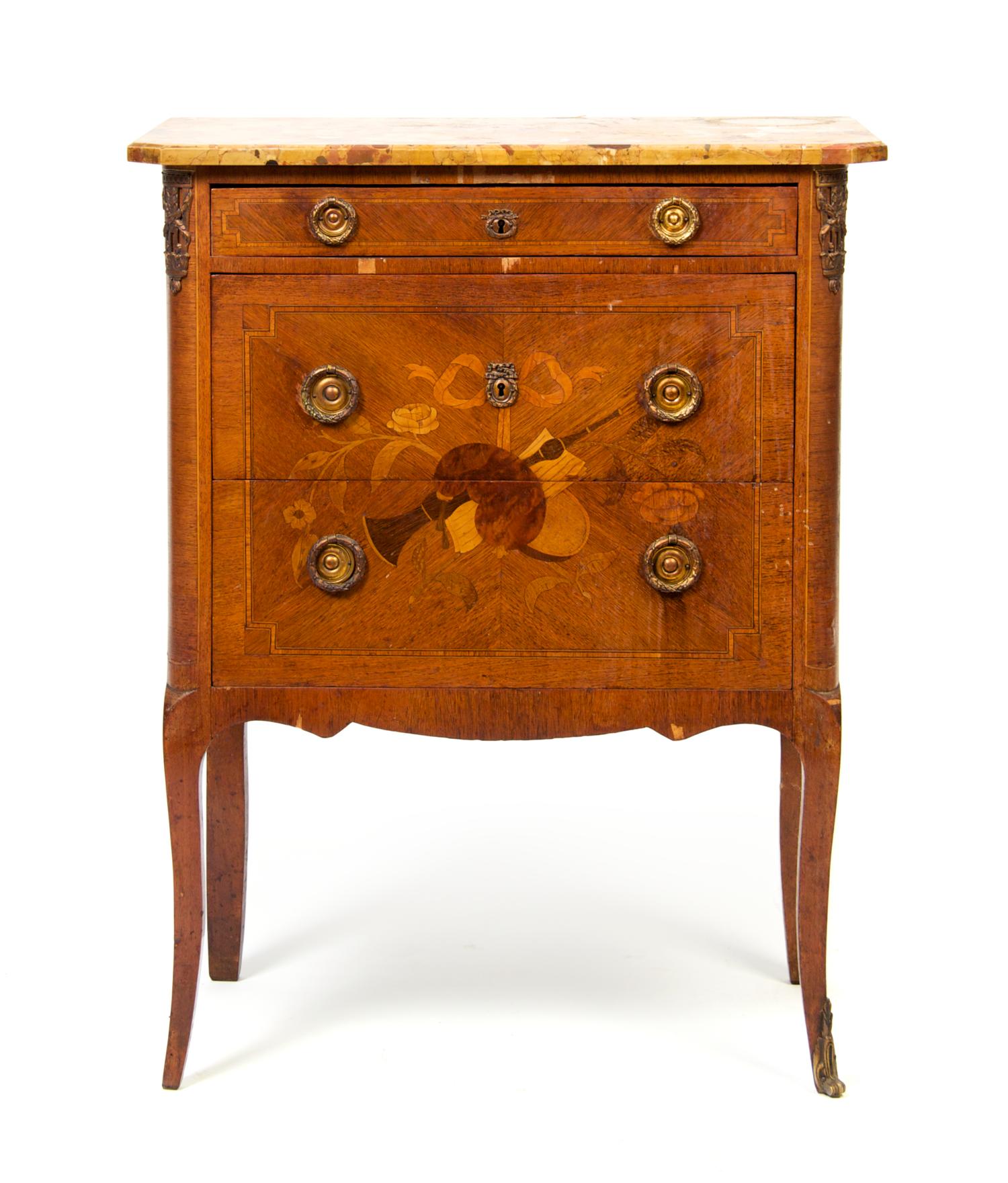 A Louis XVI Style Gilt Metal Mounted Marquetry Side Chest