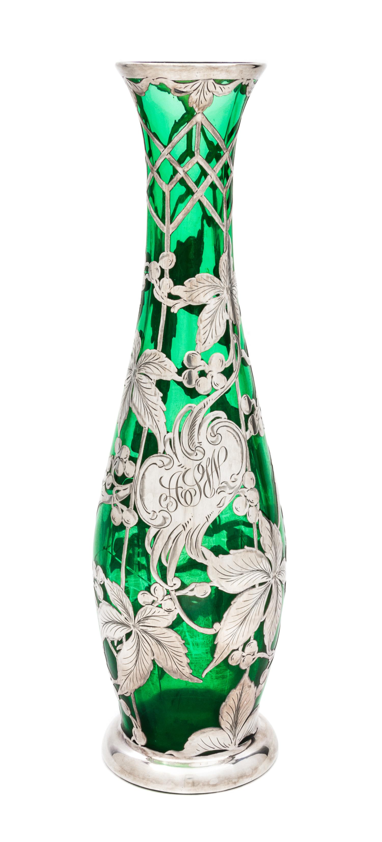 A Silver Overlay Glass Vase Height 12 3/4 inches.