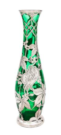 A Silver Overlay Glass Vase Height 12 3/4 inches.