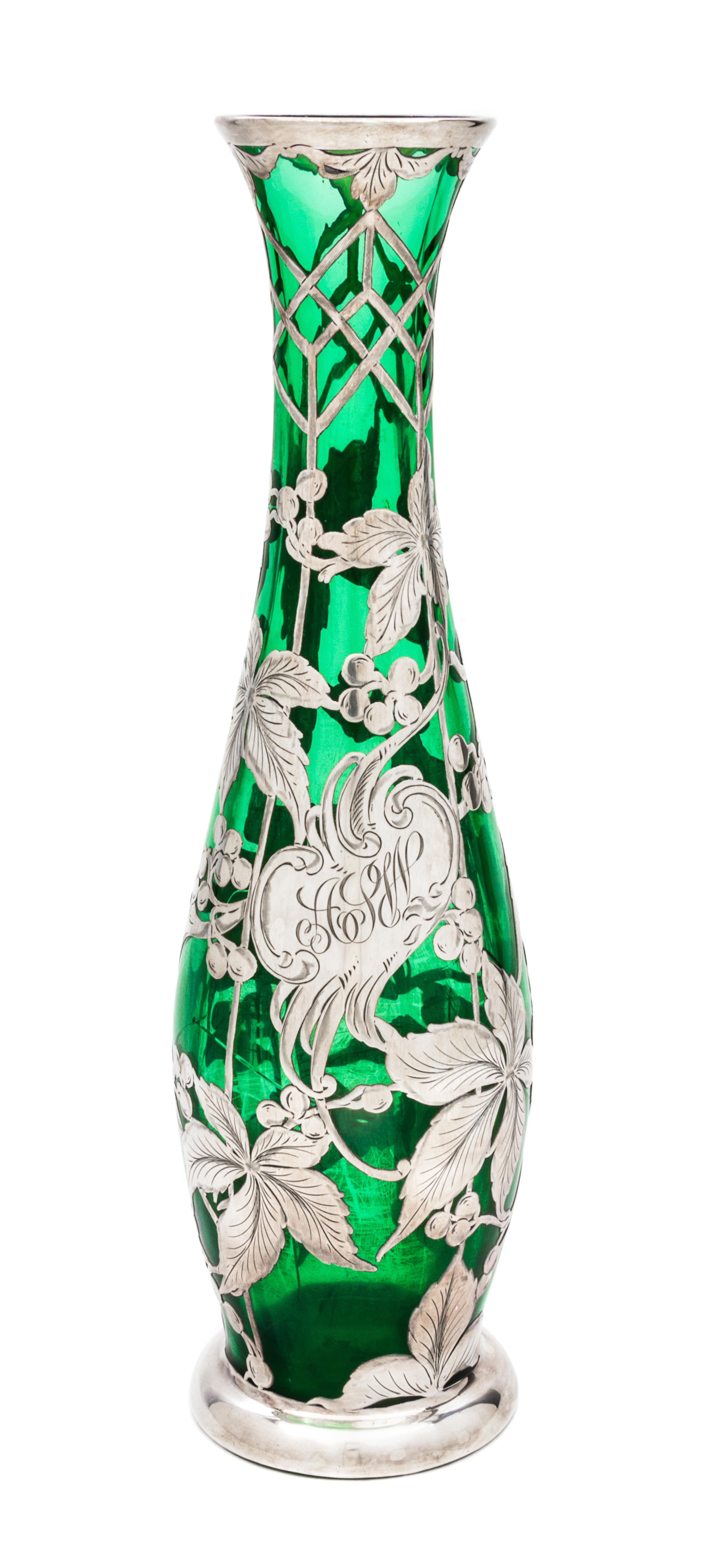 A Silver Overlay Glass Vase Height 12 3/4 inches.