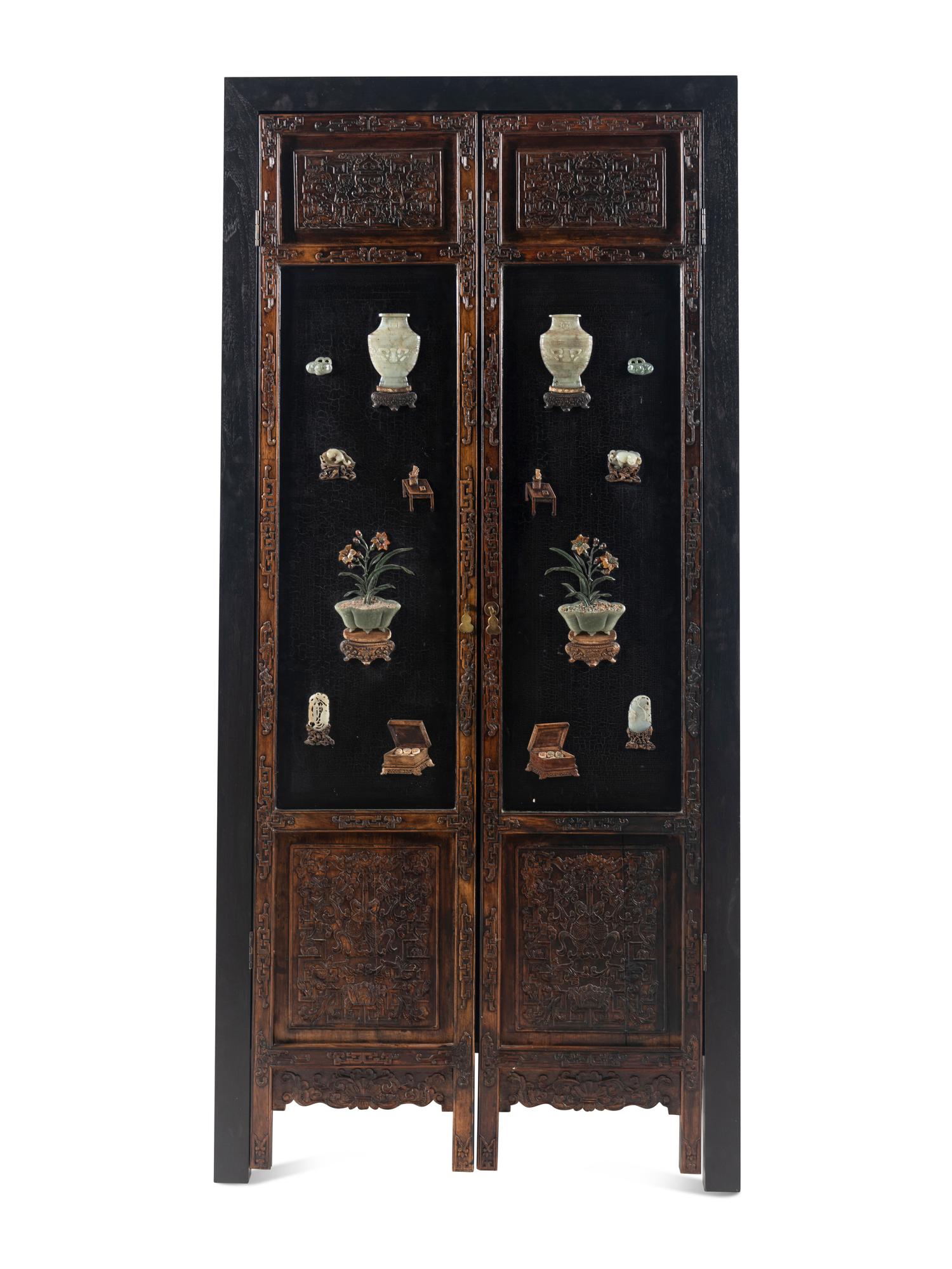 A Large Chinese Hardstone Embellished Lacquered Wood Cabinet