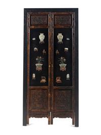 A Large Chinese Hardstone Embellished Lacquered Wood Cabinet