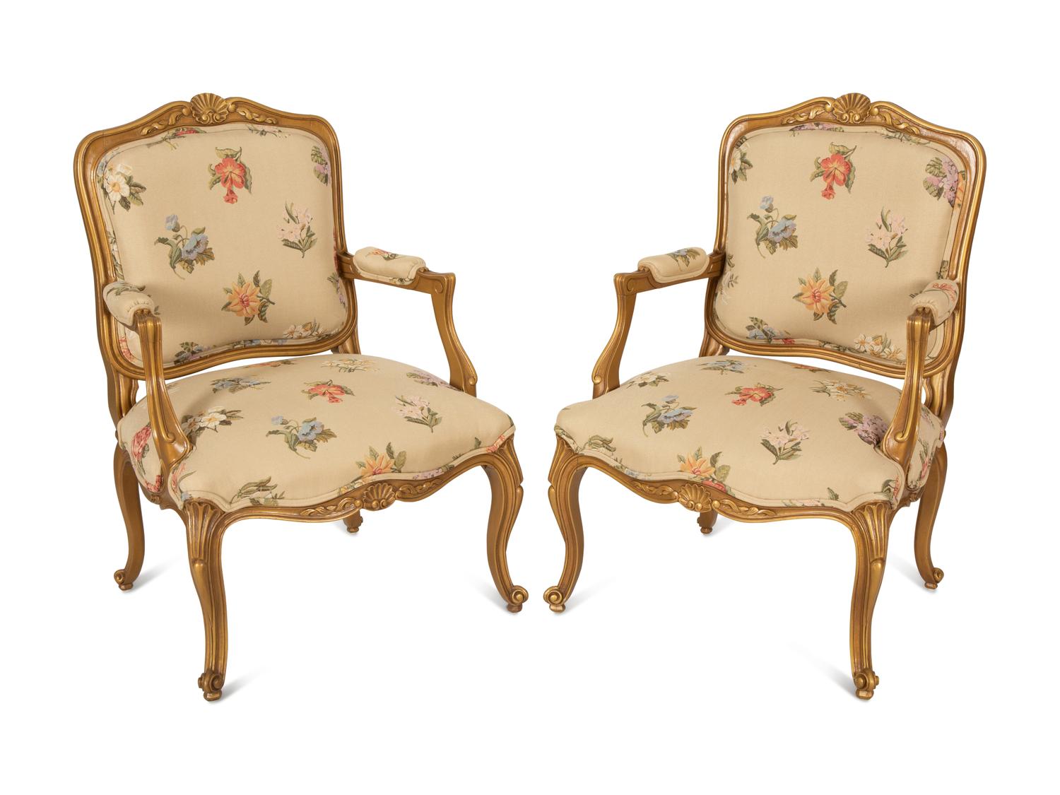A Pair of Louis XV Style Gold Painted Fauteuils