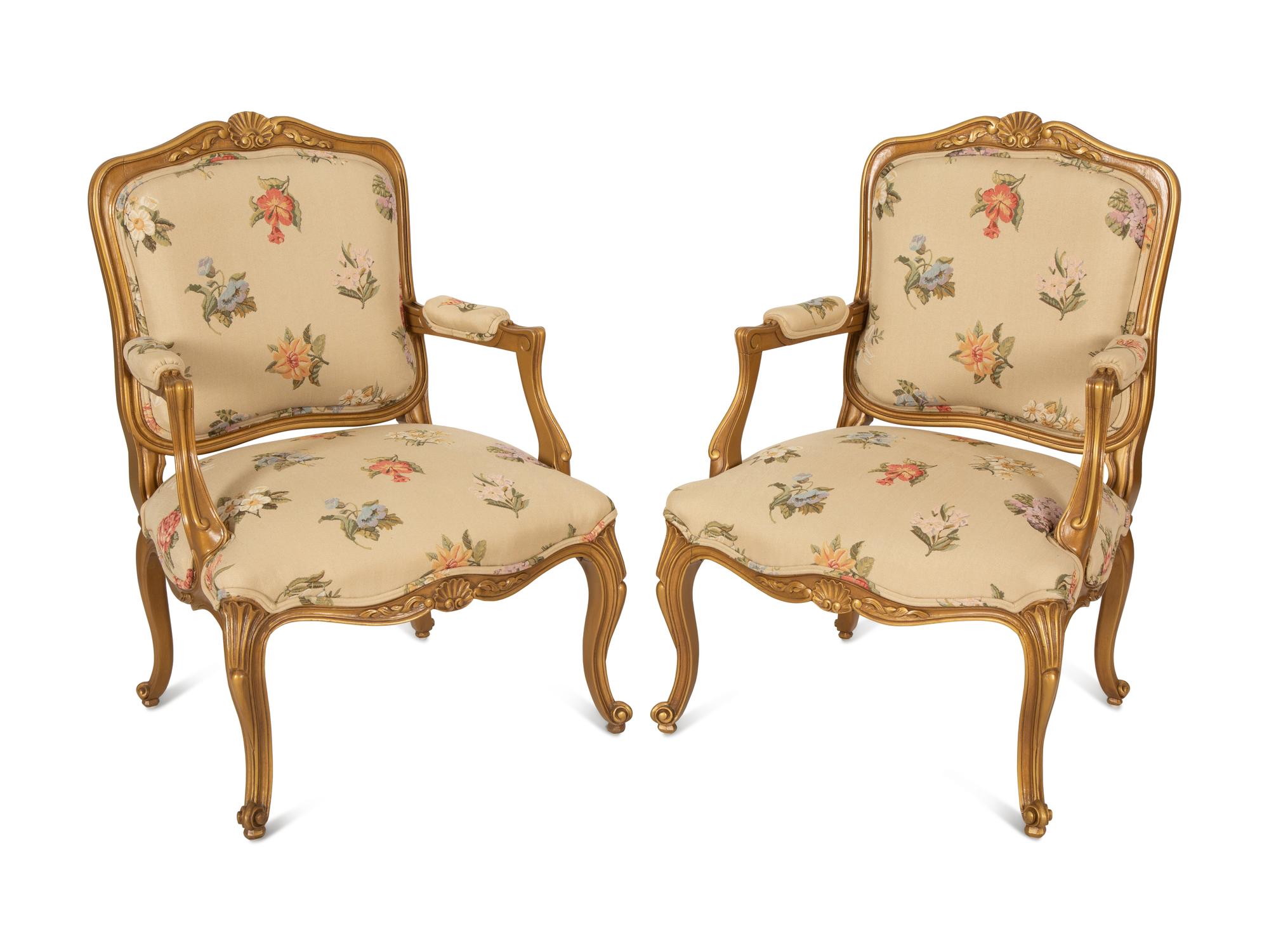 A Pair of Louis XV Style Gold Painted Fauteuils