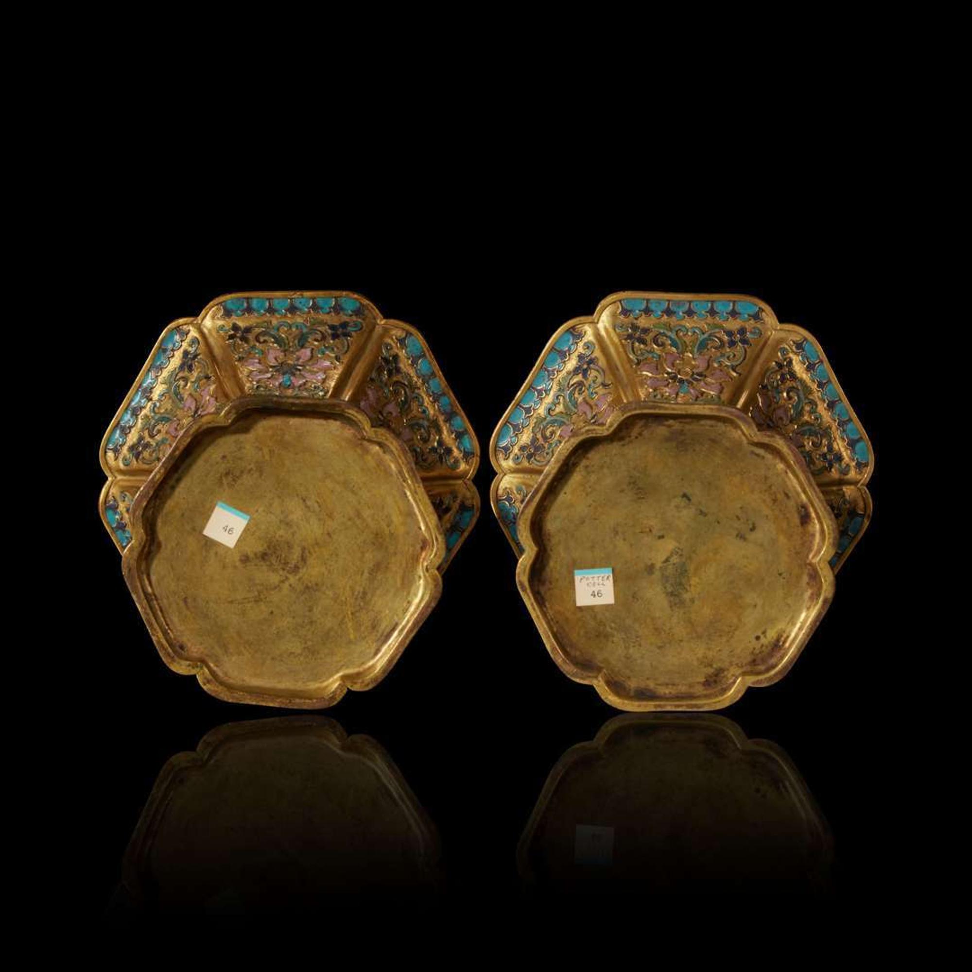 An exceptional pair of Chinese champlevé cloisonné enamel gilt metal gu-form vases 铜鎏金锤鍱珐琅花觚一对 18th/19th century ???????