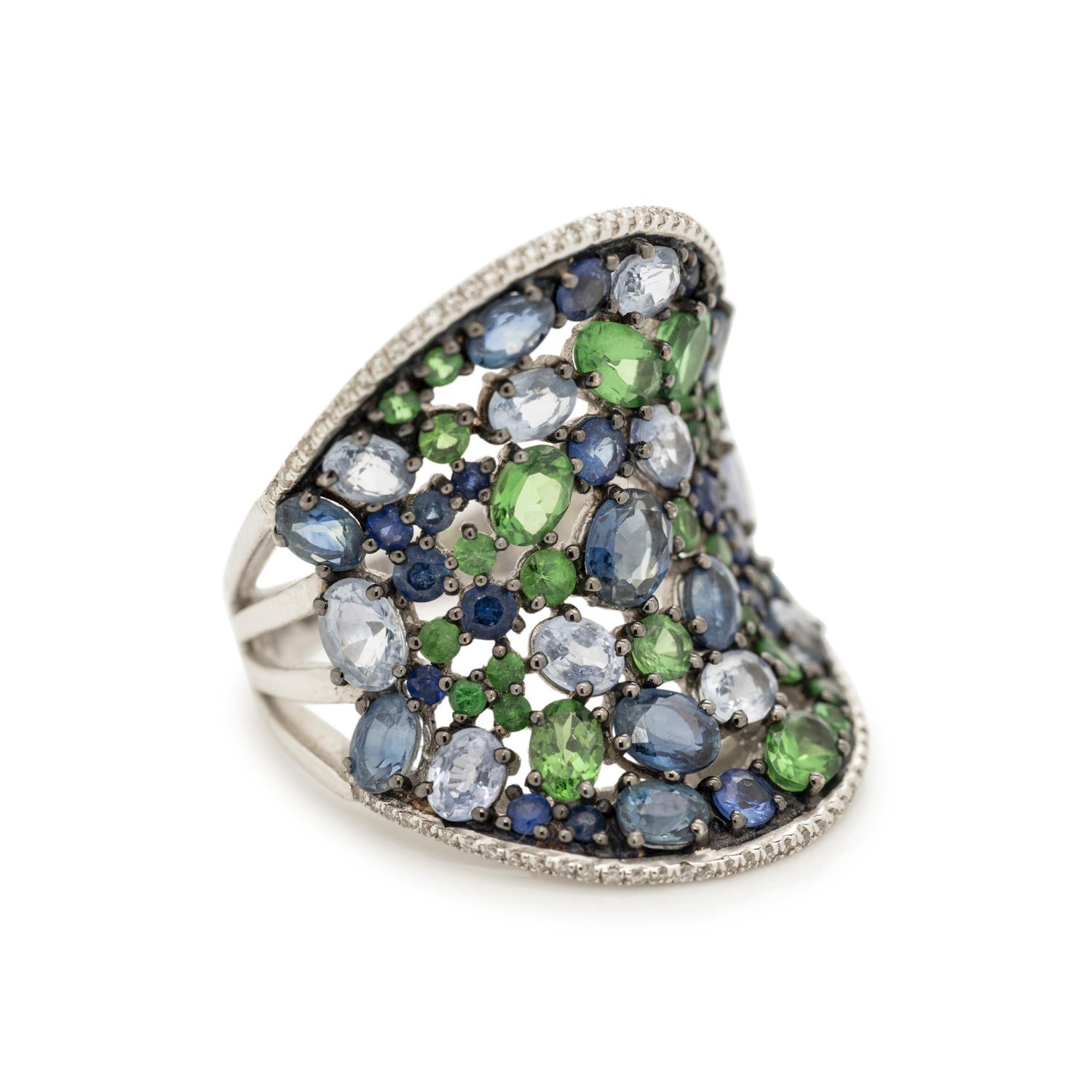 TSAVORITE GARNET, SAPPHIRE AND DIAMOND RING