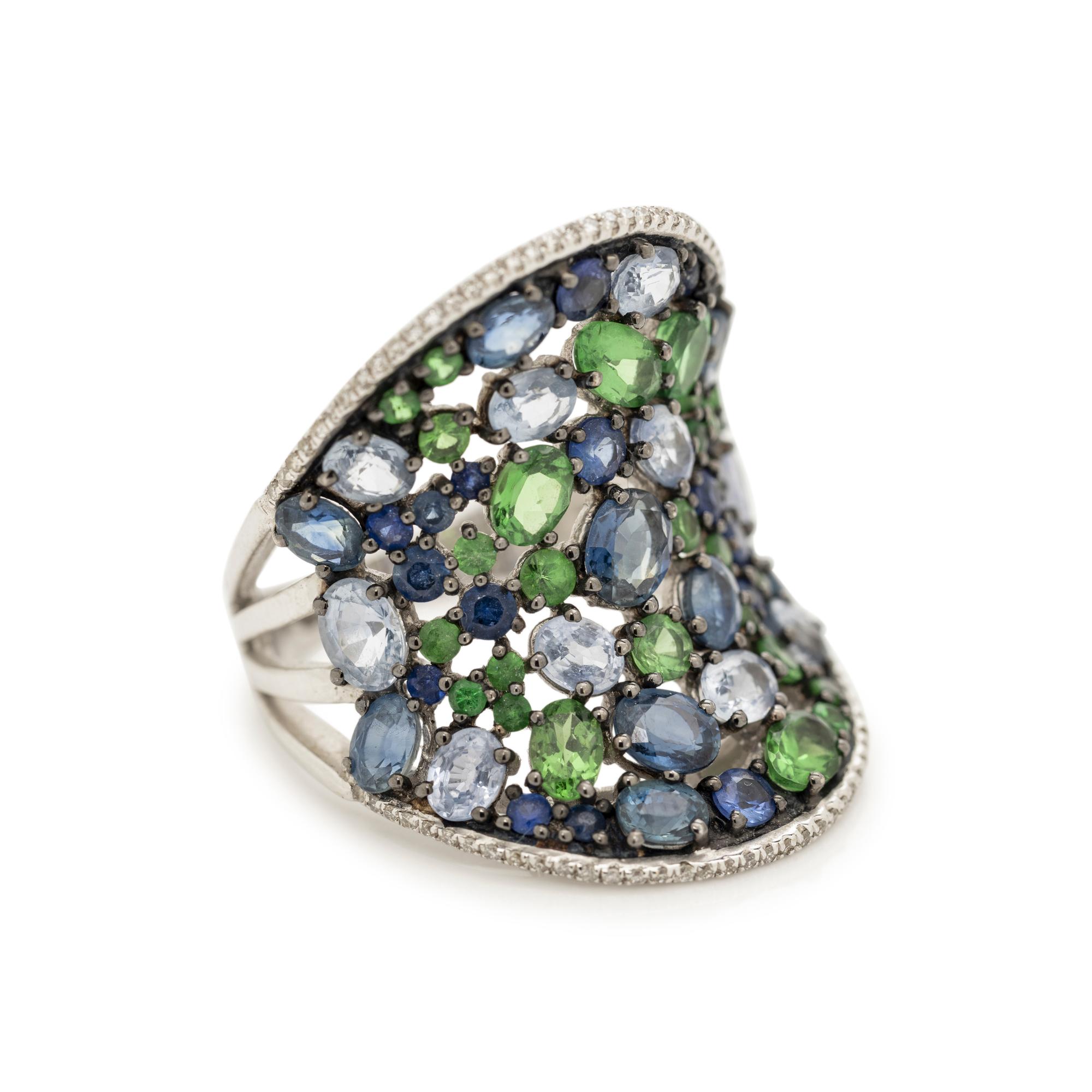 TSAVORITE GARNET, SAPPHIRE AND DIAMOND RING