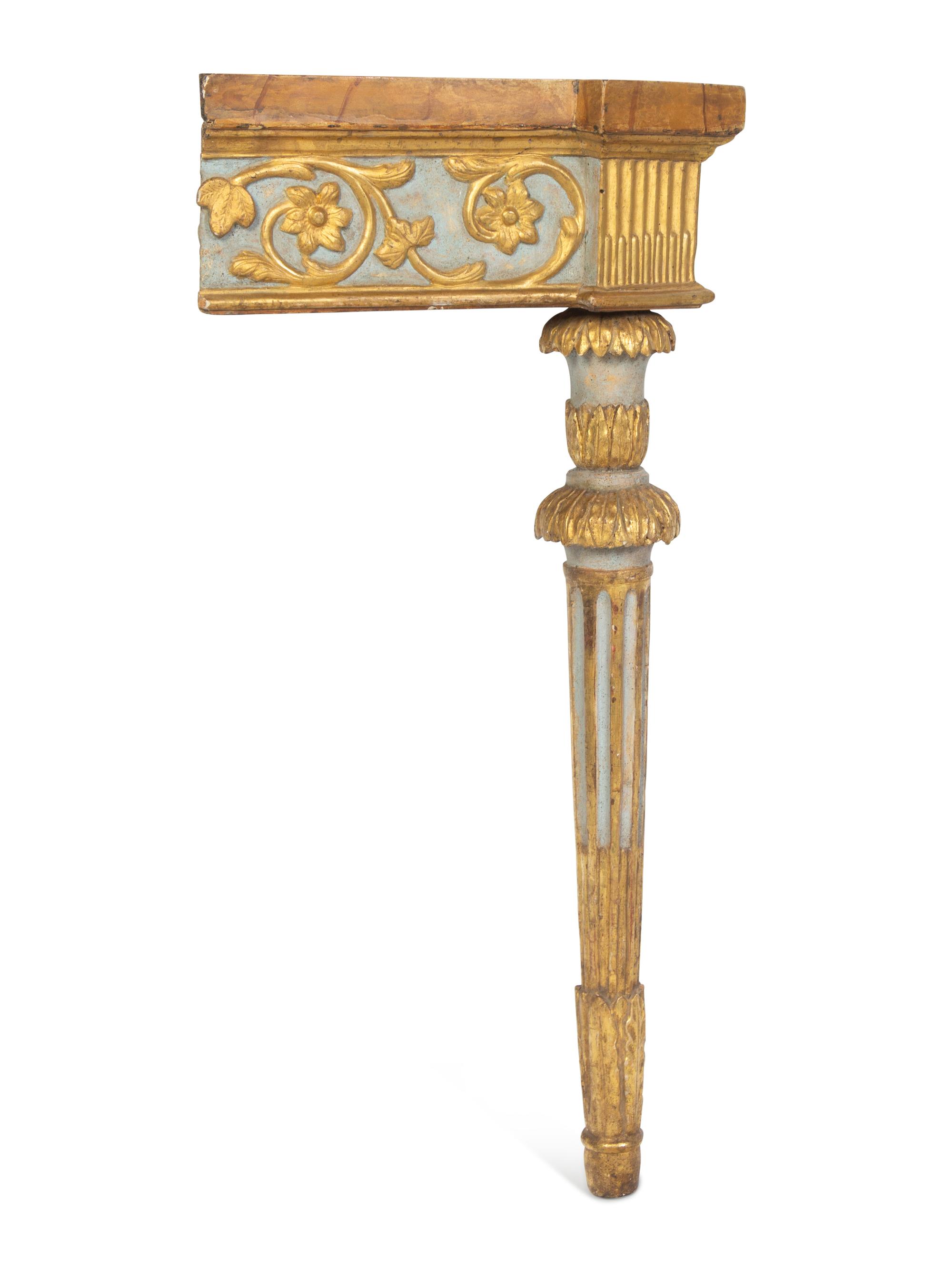 A Pair of Italian Carved, Painted and Giltwood Corner Console Tables