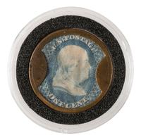 [CIVIL WAR]. Encased postage, one cent stamp with advertisement for Ayer's Cathartic Pills.