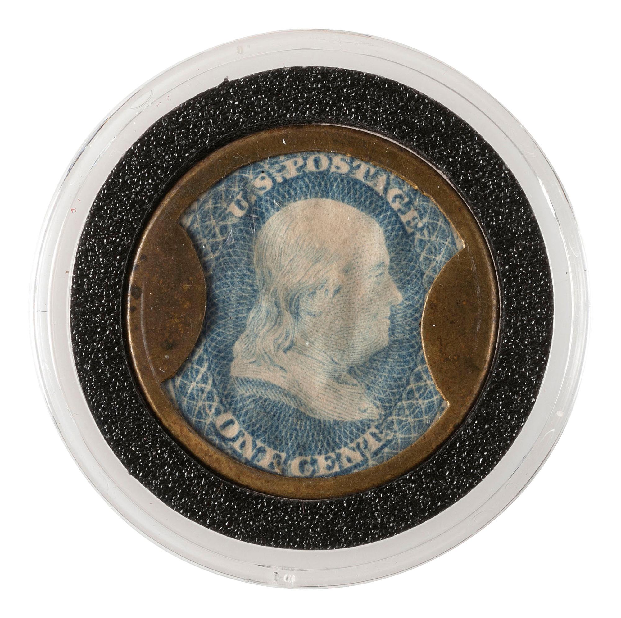 [CIVIL WAR]. Encased postage, one cent stamp with advertisement for Ayer's Cathartic Pills.