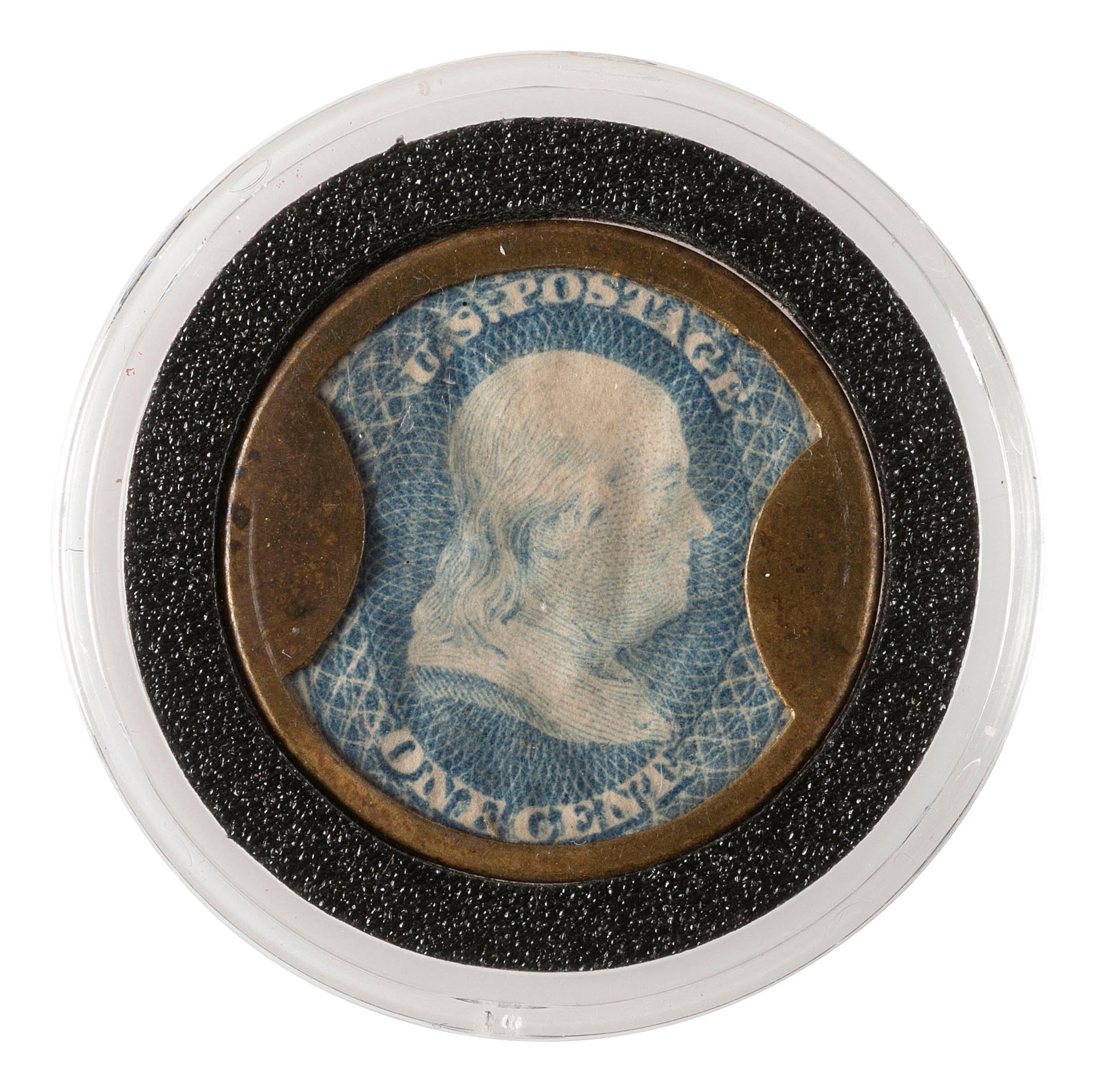[CIVIL WAR]. Encased postage, one cent stamp with advertisement for Ayer's Cathartic Pills.