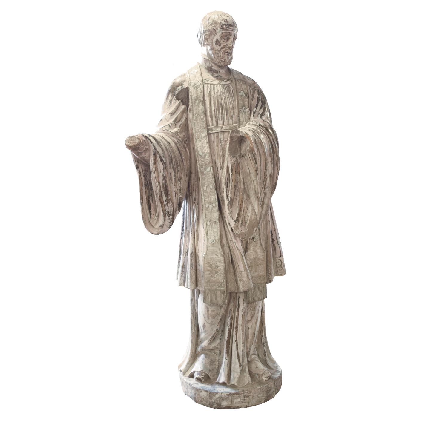 A Carved Wood Figure of a Saint 17" W x 12" D x 44" H — Europe, 19th Century