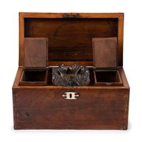 An English Mahogany Tea Caddy and an English Japanned Dressing Box