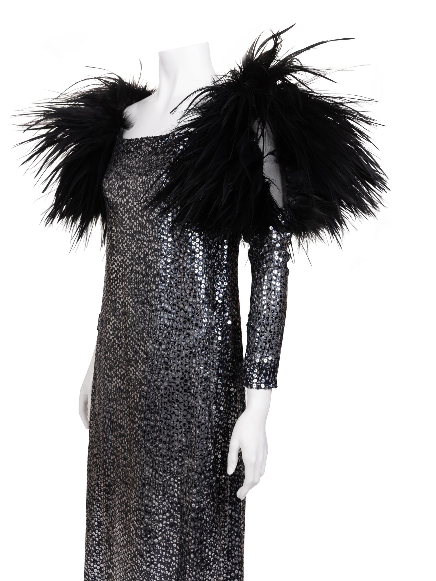 Unlabeled Sequined Dress with Feather Trim, 1970-90s