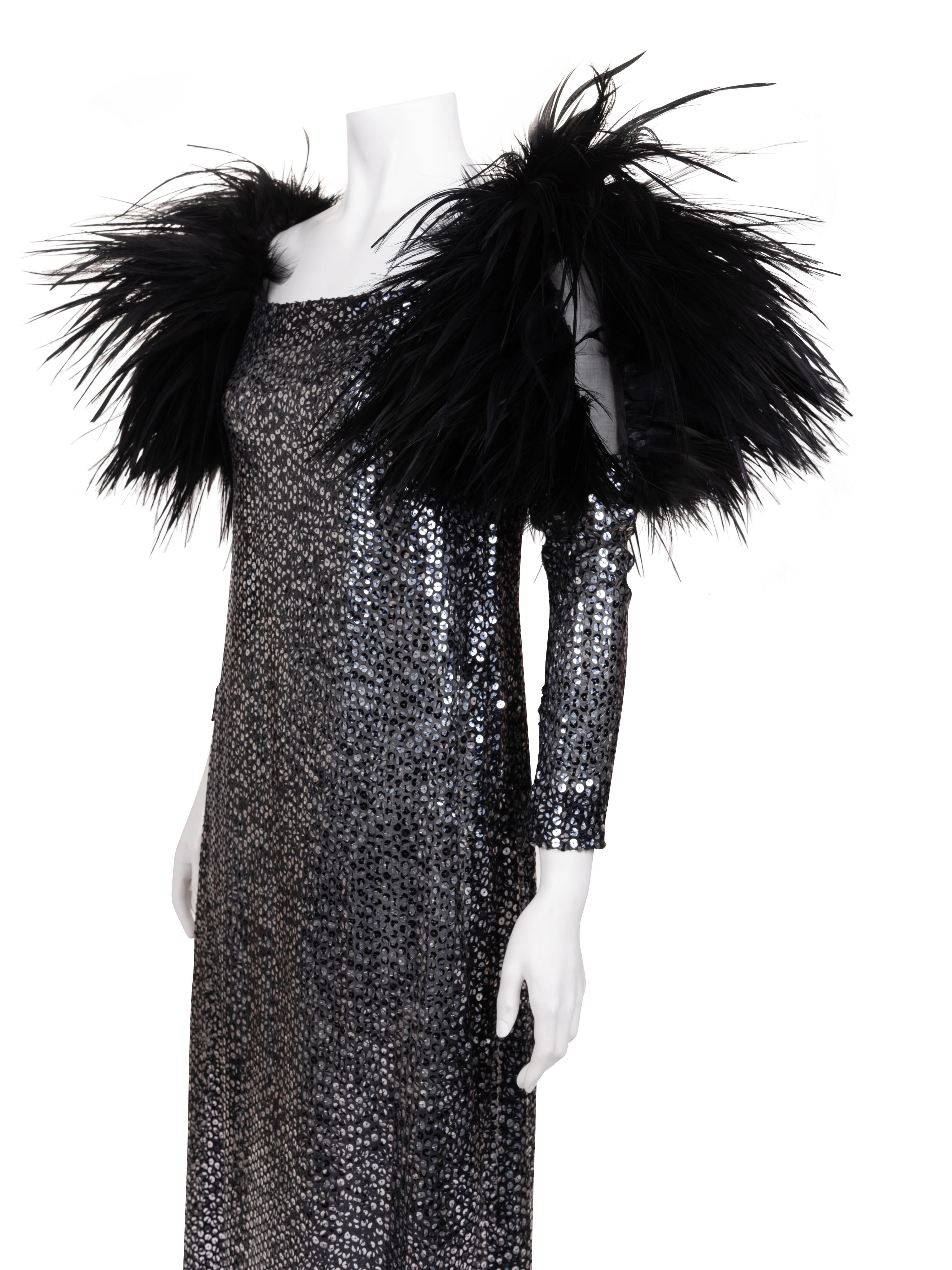 Unlabeled Sequined Dress with Feather Trim, 1970-90s
