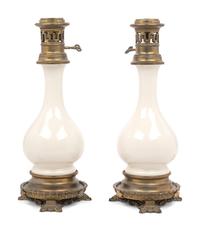 A Pair of French Opaline Glass Fluid Lamps with Etched Glass Shades Converted to Electricity