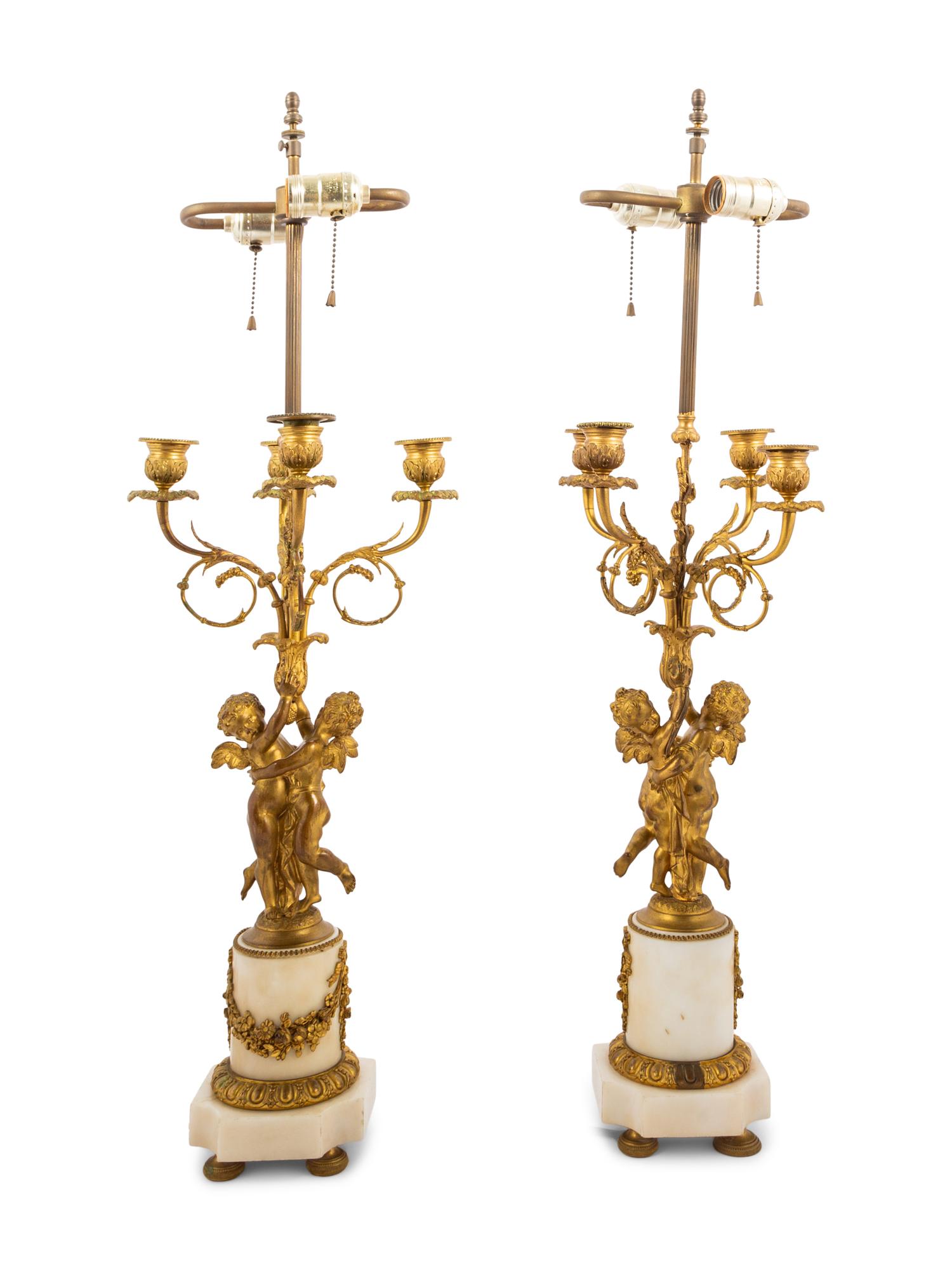 A Pair of French Gilt Bronze and Marble Candelabra Mounted as Lamps
