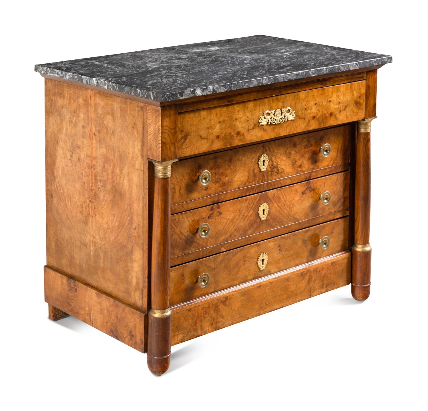An Empire Revival Gilt Bronze Mounted Burl Walnut Marble-Top Commode