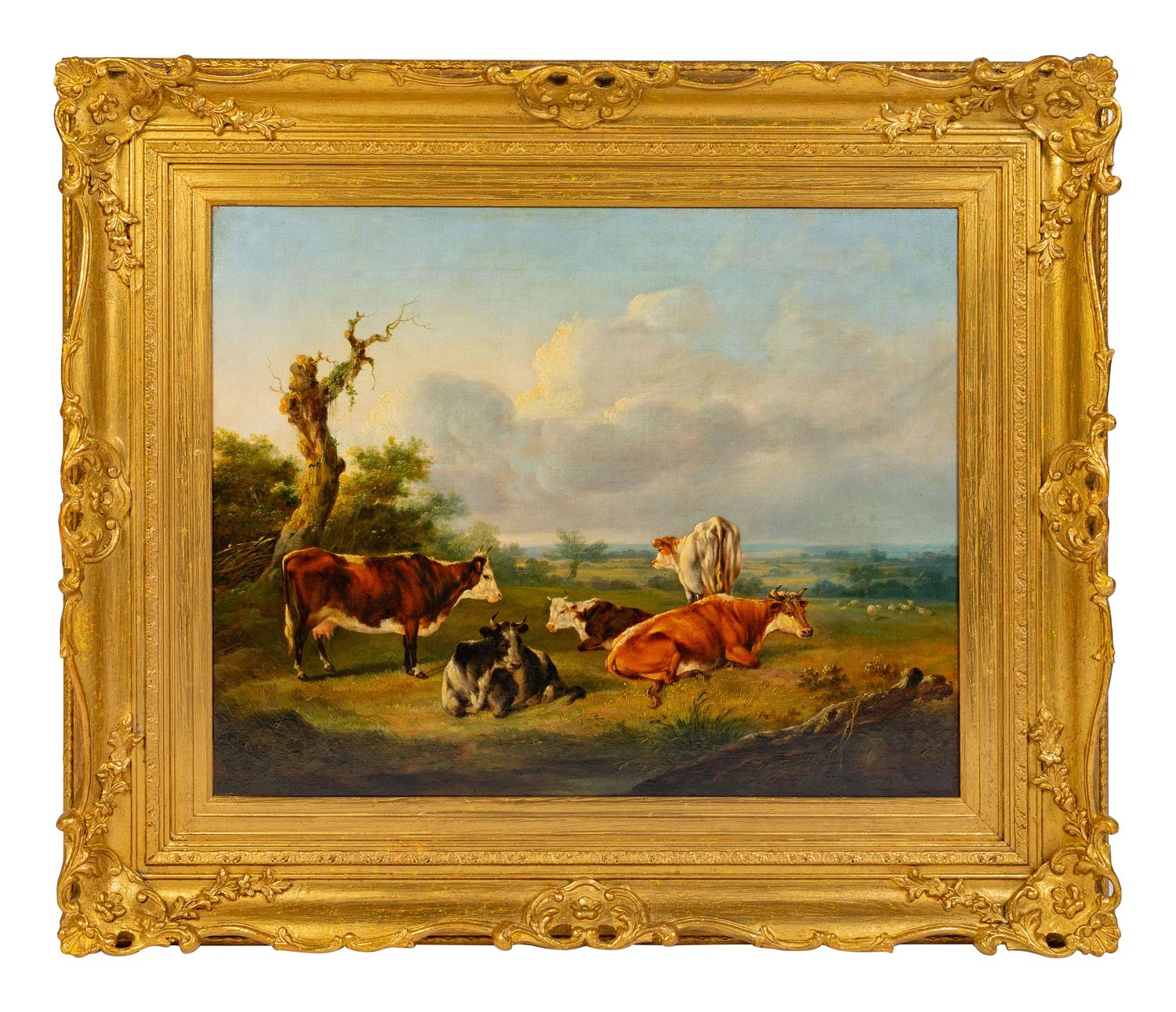 British School, 19th Century Landscape with Cattle oil on canvas apparently unsigned 19 1/2 x 24 1/2 inches.