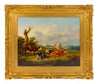 British School, 19th Century Landscape with Cattle oil on canvas apparently unsigned 19 1/2 x 24 1/2 inches.