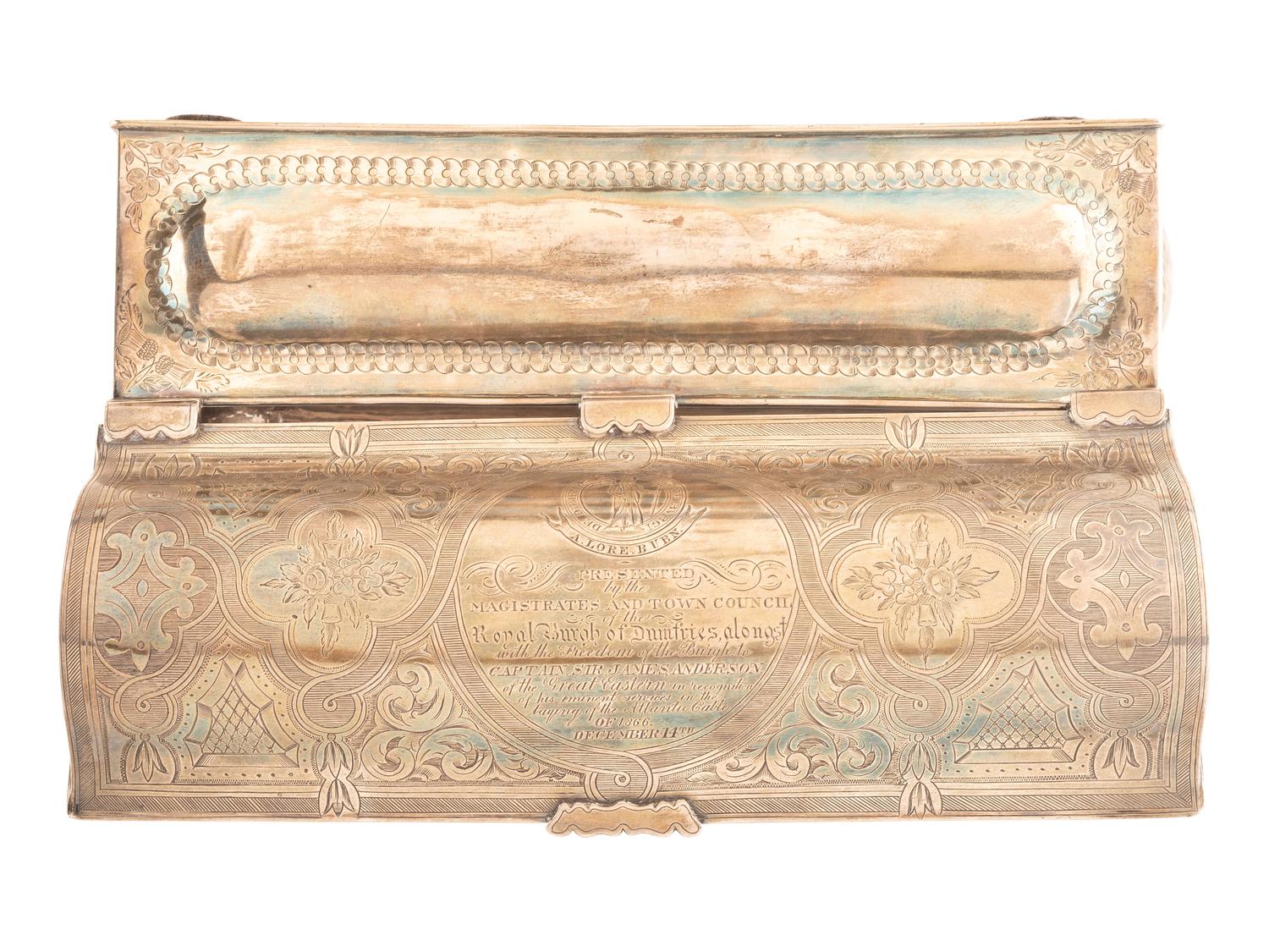 [TRANSPORTATION] -- [SCIENCE & TECHNOLOGY]. Sterling silver presentation box identified to Captain James Anderson (1824-1893), commander of the SS Great Eastern on the voyage which successfully laid the first transatlantic telegraph cable.