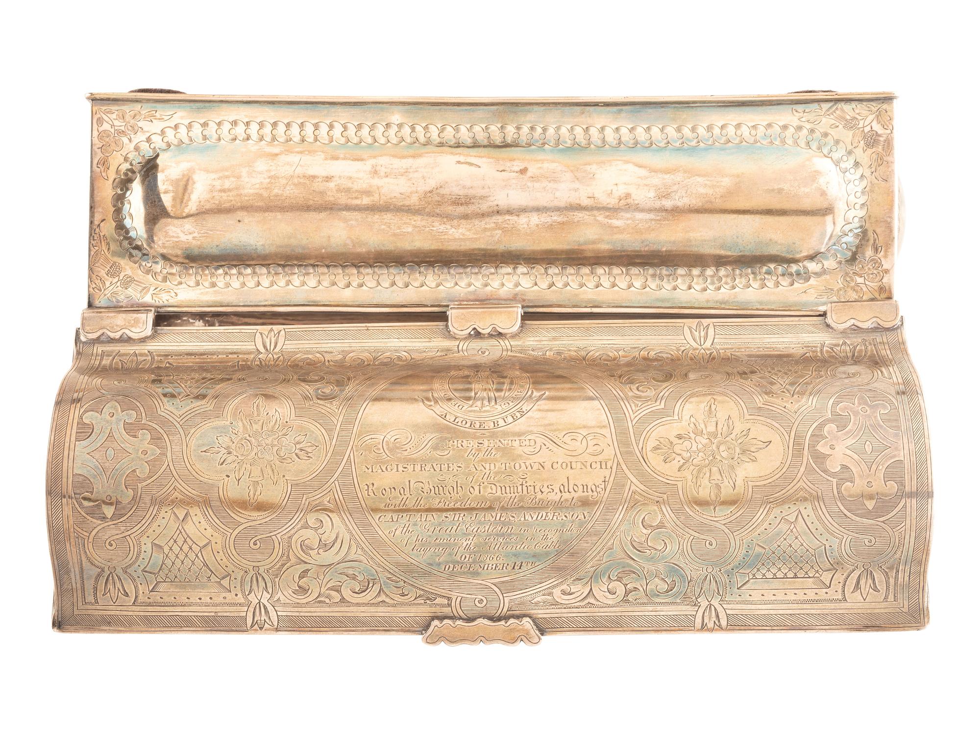 [TRANSPORTATION] -- [SCIENCE & TECHNOLOGY]. Sterling silver presentation box identified to Captain James Anderson (1824-1893), commander of the SS Great Eastern on the voyage which successfully laid the first transatlantic telegraph cable.