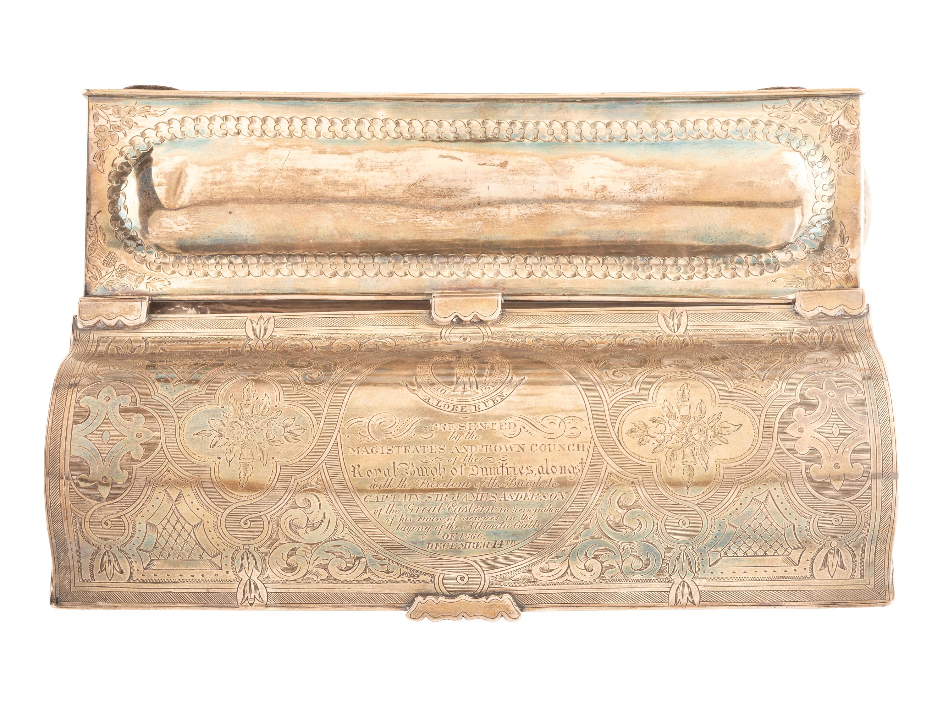 [TRANSPORTATION] -- [SCIENCE & TECHNOLOGY]. Sterling silver presentation box identified to Captain James Anderson (1824-1893), commander of the SS Great Eastern on the voyage which successfully laid the first transatlantic telegraph cable.